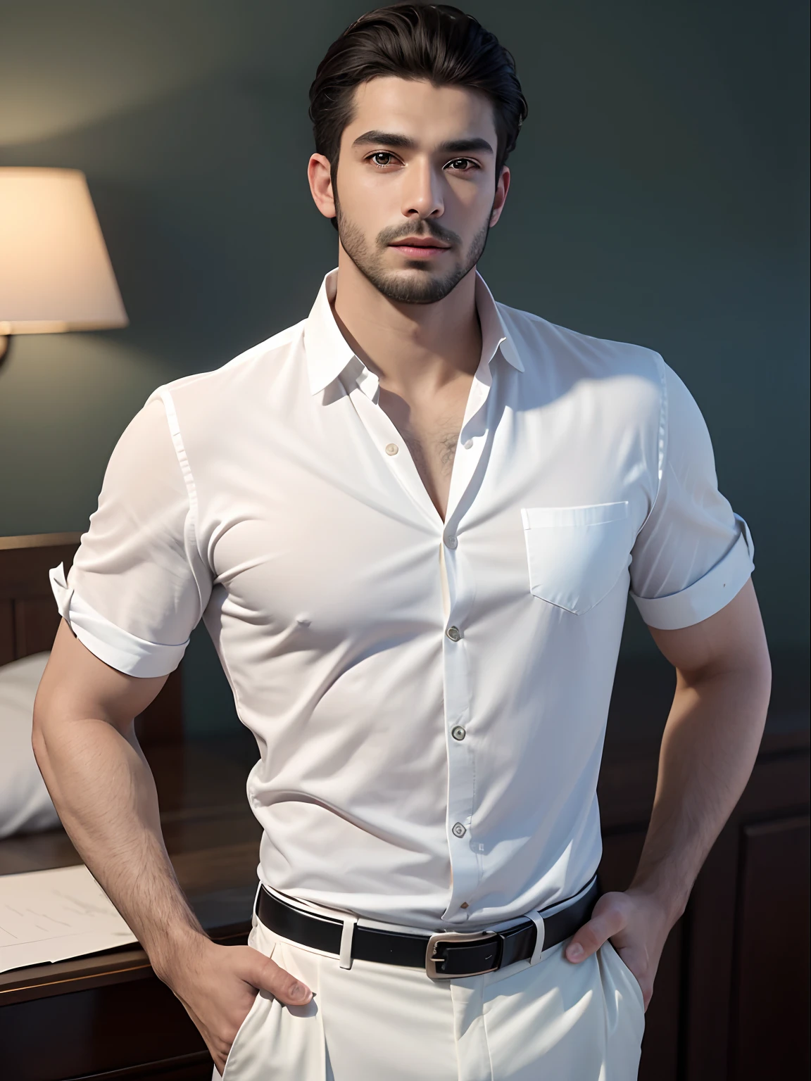 La mejor calidad, Obra maestra, ultrahigh resolution, (fotorrealista: 1.4), Foto RAW, Hombre guapo, vello facial, cuerpo completo, con camisa blanca y pantalones negros