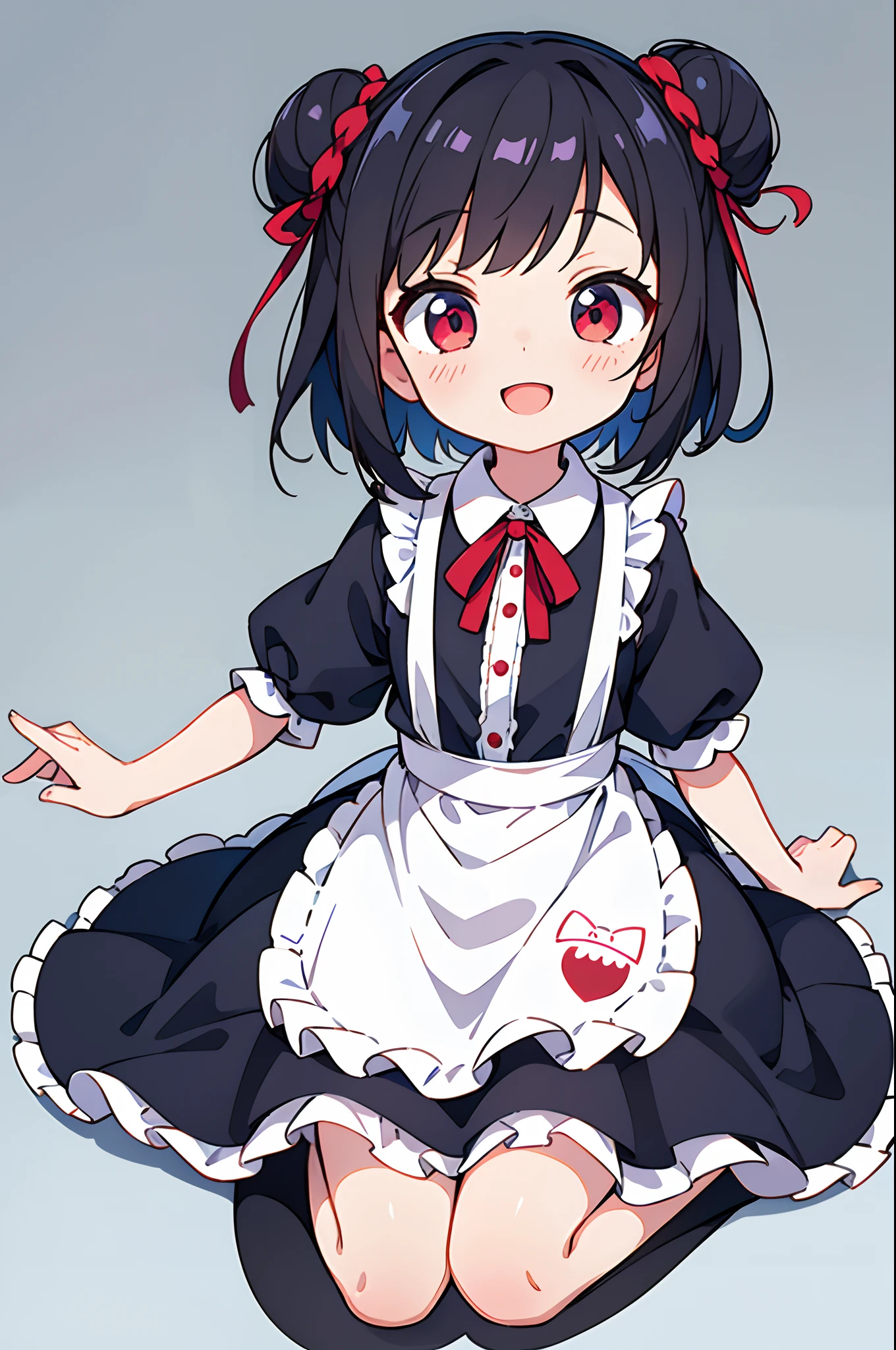 Cute s、wearing a maid outfit、Her anime illustration face in soft color palette style、animated gif、Hand-drawn animation、charming sketches、Smooth and shiny background - AR 1:1 - Rainbow 5 - Expressive in style - S 50(Best Quality, masutepiece, Raw photo,Ultra-detailed:1.2),Black hair,Blue Inner Color Bob,Red Eyes,Top image quality,8k,A smile,straight haired,Unraveled hair, The head is near the center of the screen,frontage,a cute loli,full by in view,From the front,1 girl in,Wide Angle,Hair is tied in a bun at the sides,Short hair,fullllbody,Empty background,Opens mouth and laughs,sitting on,