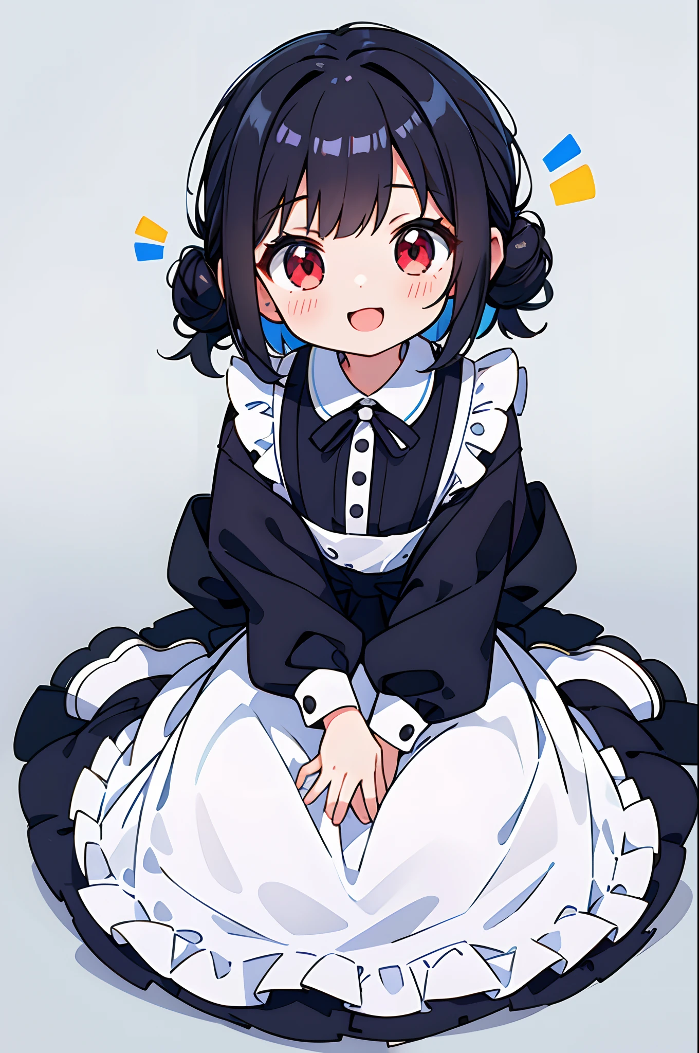 Cute little girl s、wearing a maid outfit、Her anime illustration face in soft color palette style、animated gif、Hand-drawn animation、charming sketches、Smooth and shiny background - AR 1:1 - Rainbow 5 - Expressive in style - S 50(Best Quality, masutepiece, Raw photo,Ultra-detailed:1.2),Black hair，Blue Inner Color Bob，Red Eyes，Top image quality，８ｋ，A smile，straight haired，Unraveled hair, The head is near the center of the screen,frontage,a cute loli,full body in view,From the front,1 girl in,Wide Angle,Hair is tied in a bun at the sides,Short hair,fullllbody,Empty background,Opens mouth and laughs,sitting on，