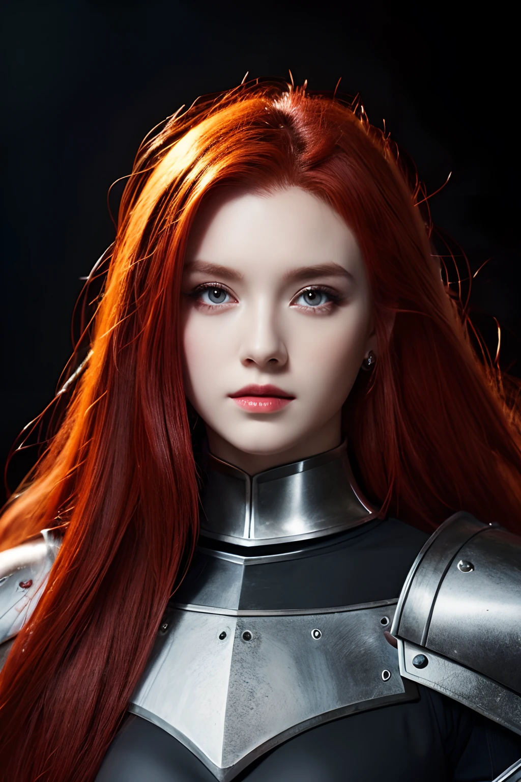 The face is European、Red-haired、Red eyes、Wearing knight's armor、Black background、fulHD、Longhaire、
