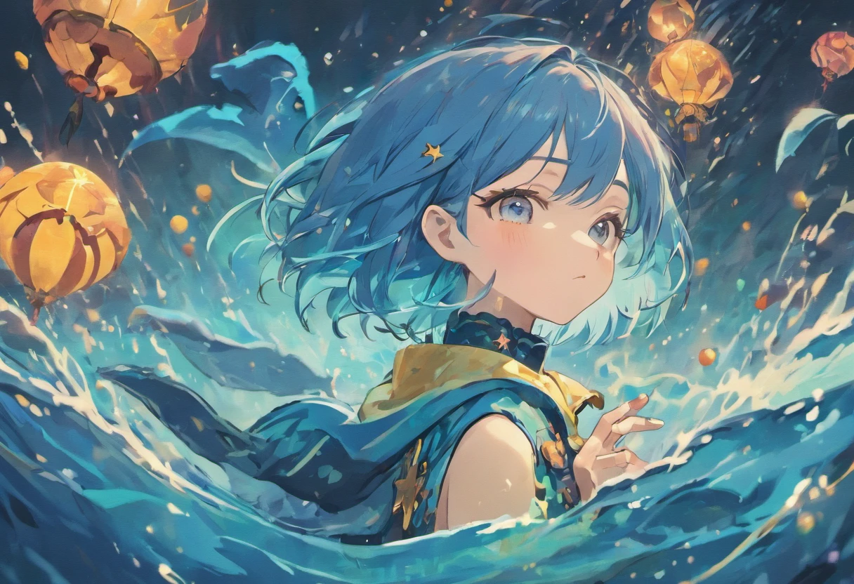 She has short blue hair with a killer whale motif, round eyes, and star accessories.、A petite woman of about 18 years old wearing a jinpei