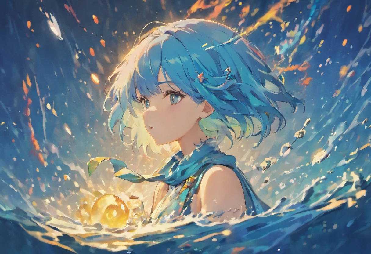 She has short blue hair with a killer whale motif, round eyes, and star accessories.、A petite woman of about 18 years old wearing a jinpei