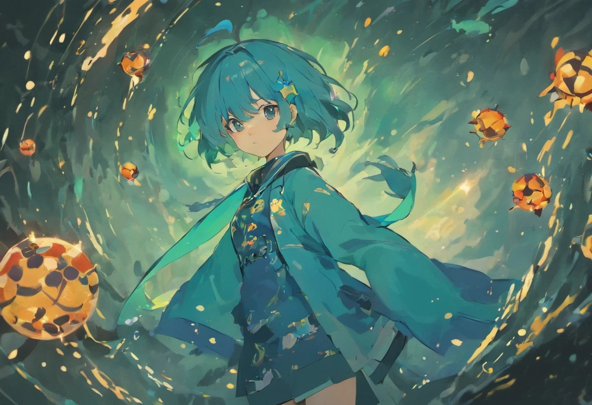She has short blue hair with a killer whale motif, round eyes, and star accessories.、A petite woman of about 18 years old wearing a jinpei