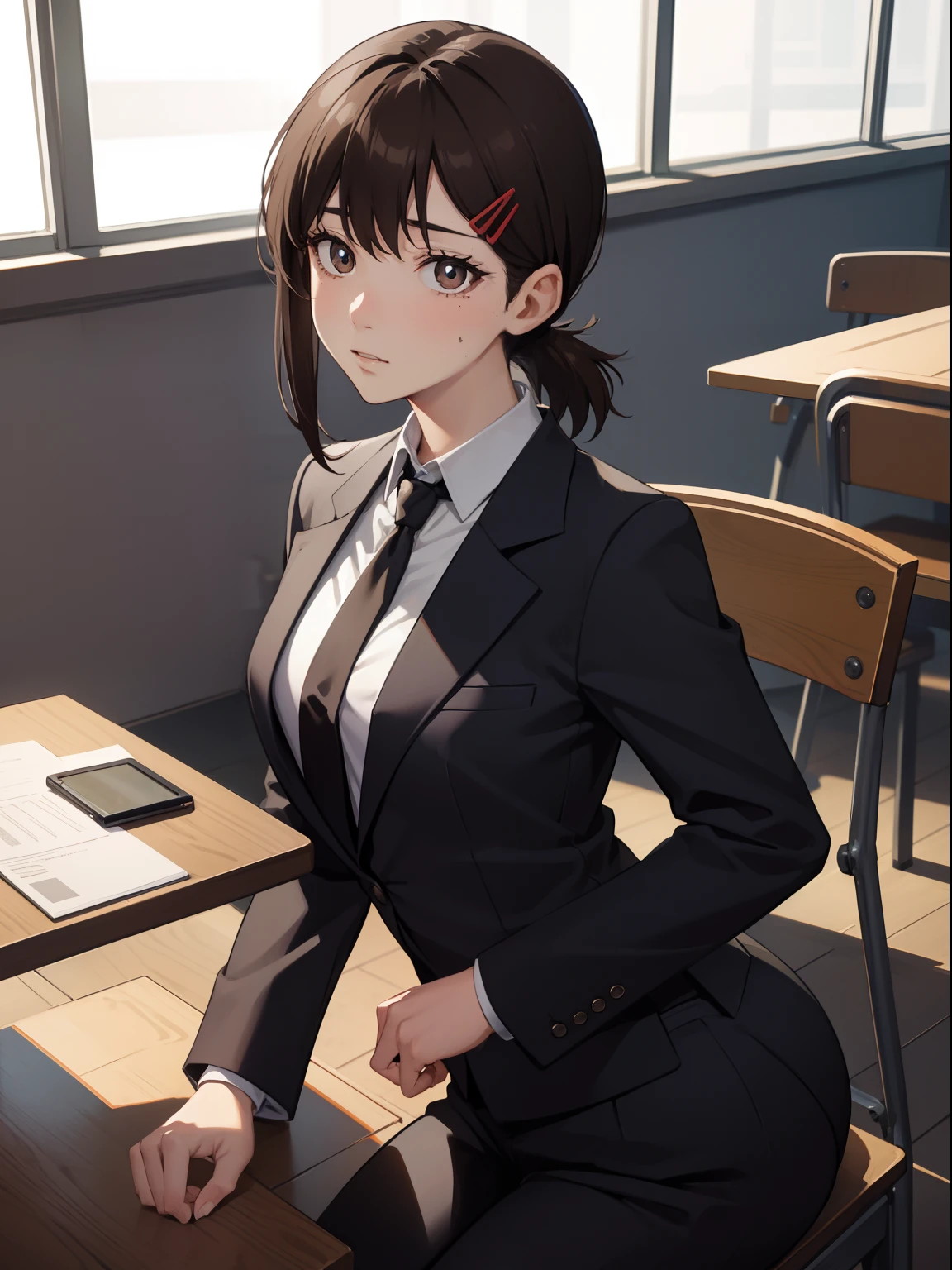 kobenihigashiyama, kobeni higashiyama, black hair, hair ornament, hairclip, mole, mole under eye, ponytail, short hair, (brown eyes:1.5), BREAK black necktie, black pants, business suit, black blazer, formal, long sleeves, necktie, pants, suit, BREAK looking at viewer, BREAK indoors, classroom, sitting on table legs spread, medium breast, medium boobs, shot from ass, ass shot, ass focus, medium ass cowboy shot BREAK (masterpiece:1.2), best quality, high resolution, unity 8k wallpaper, (illustration:0.8), (beautiful detailed eyes:1.6), extremely detailed face, perfect lighting, extremely detailed CG, (perfect hands, perfect anatomy),