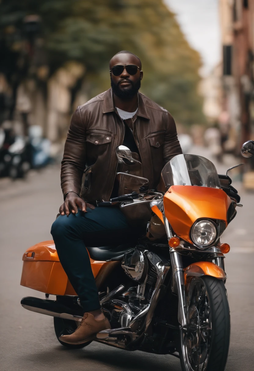 Medium height African man with a slight beard on the street with a big motorcycle