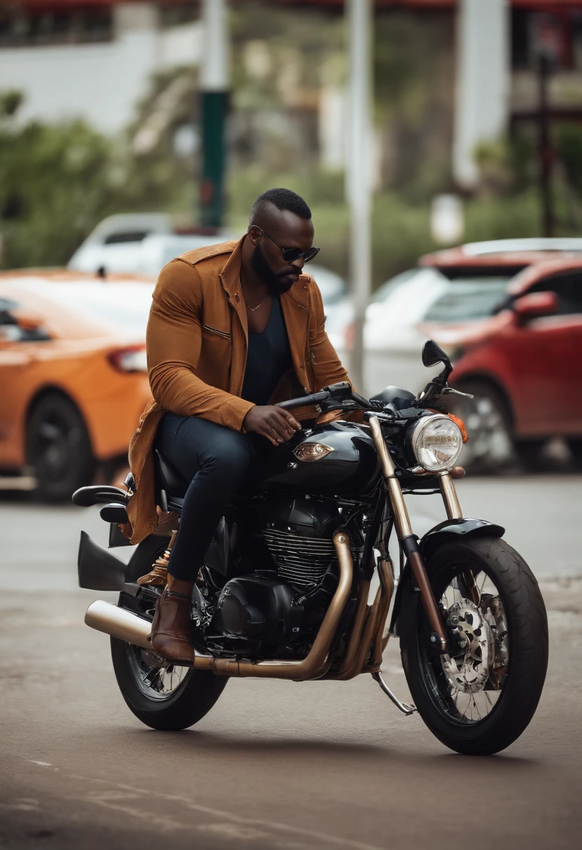 Medium height African man with a slight beard on the street with a big motorcycle