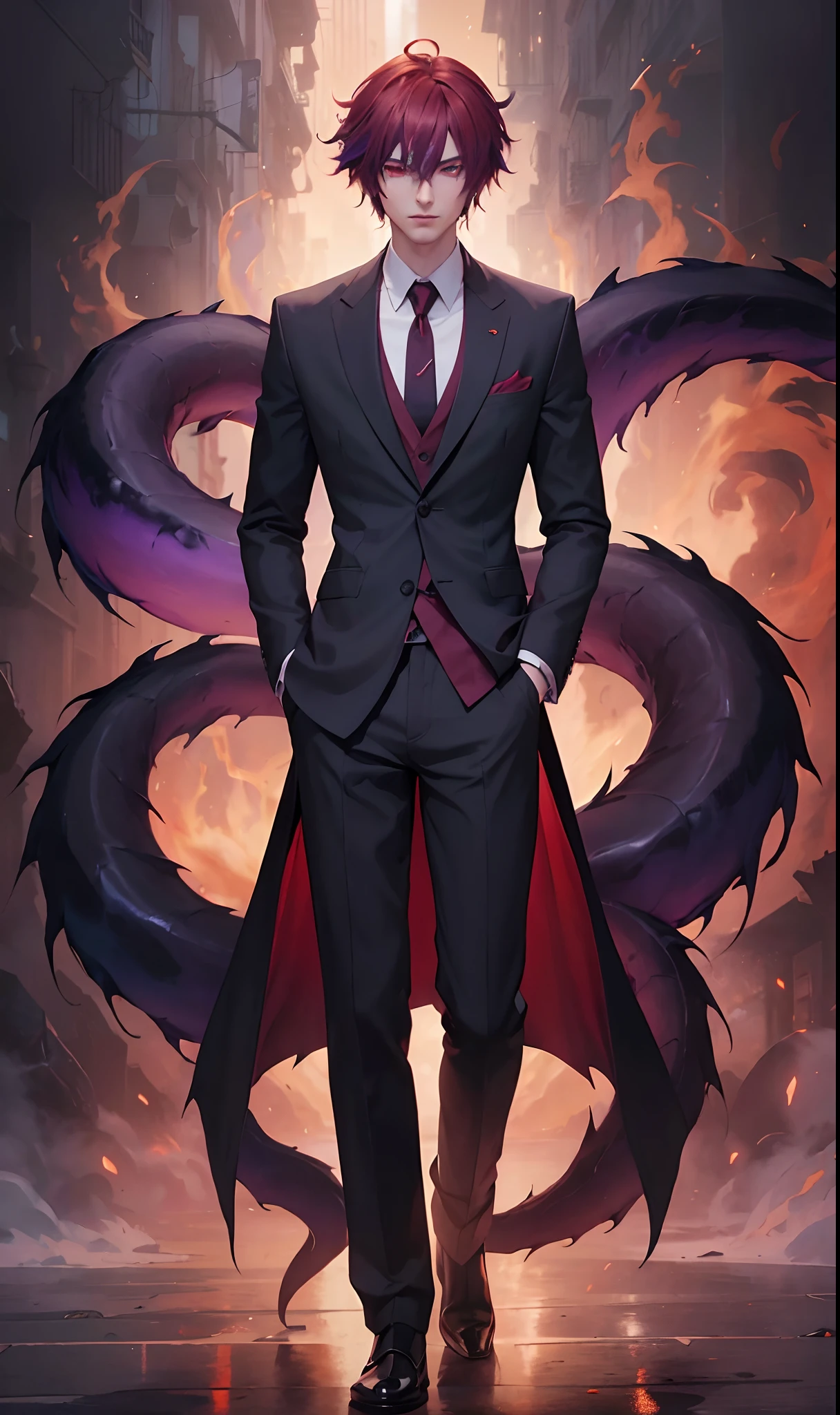 (manly),(long thin demon tail), (ruined city),(shadows),(dark mist background),(purple mist),(masterpiece), (work of art), (amazing work), (detailed eyes), (delicate skin), (red eyes), (multicolored), (red hair ), (sparkling eyes), (1man),best quality, full body, expressive eyes, perfect face,hot, Man,thin, devil tail, horns,dark, shadows, incubus, demon tail, thin long demon tail, causal cloths, relaxing,handsome, fully dressed,