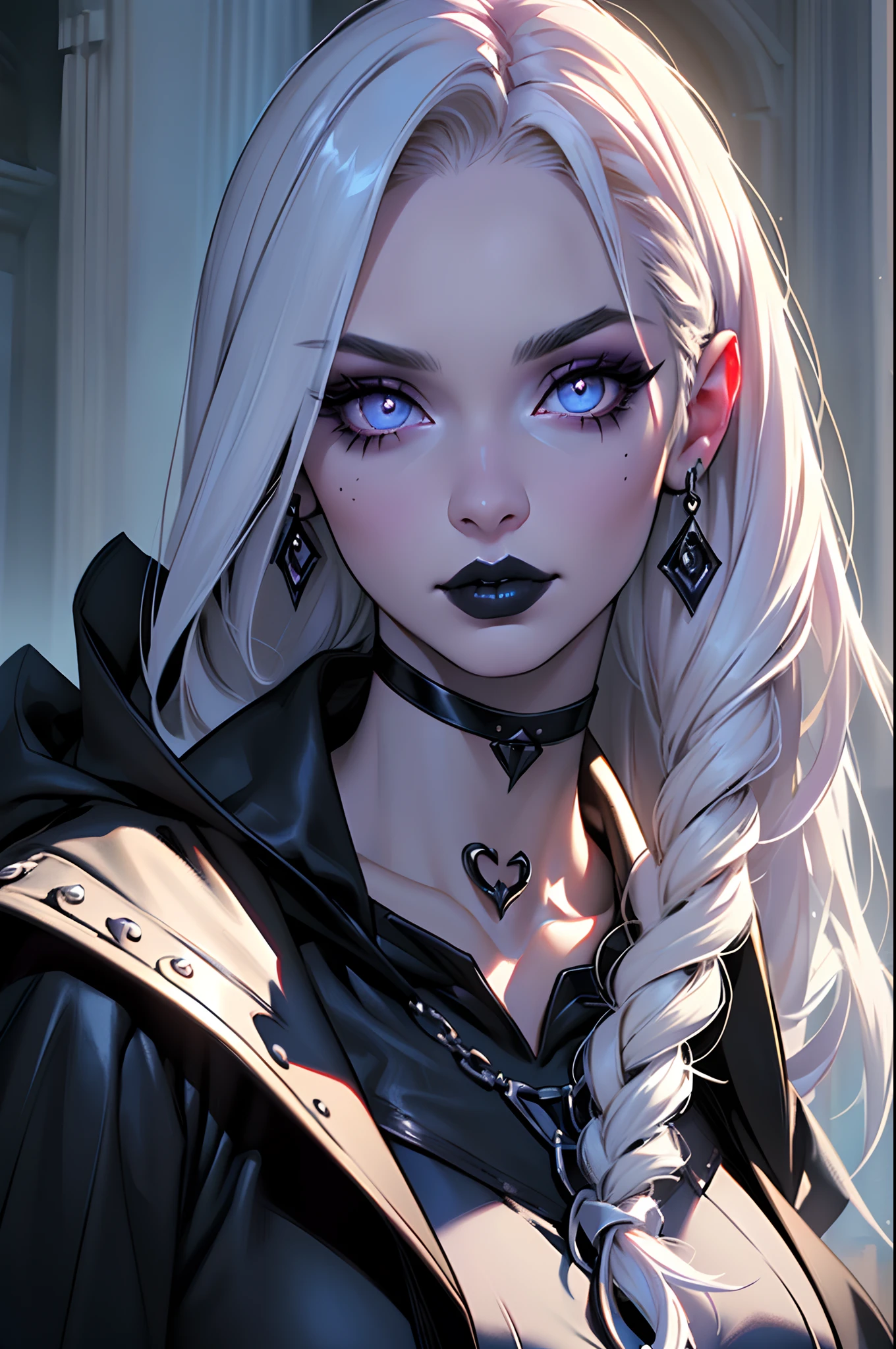 (Best Quality, 8k, 32k, Masterpiece, UHD:1.3), (Photo of Attractive Caucasian Gothic model Woman), 1 Girl, Raven from DC comics , DC comics, heavy makeup , cape, choker,very pale skin,Ultra Detailed Face, Detailed Lips, Fine Eyes, black lipstick, Fine Eyes, double eyelids