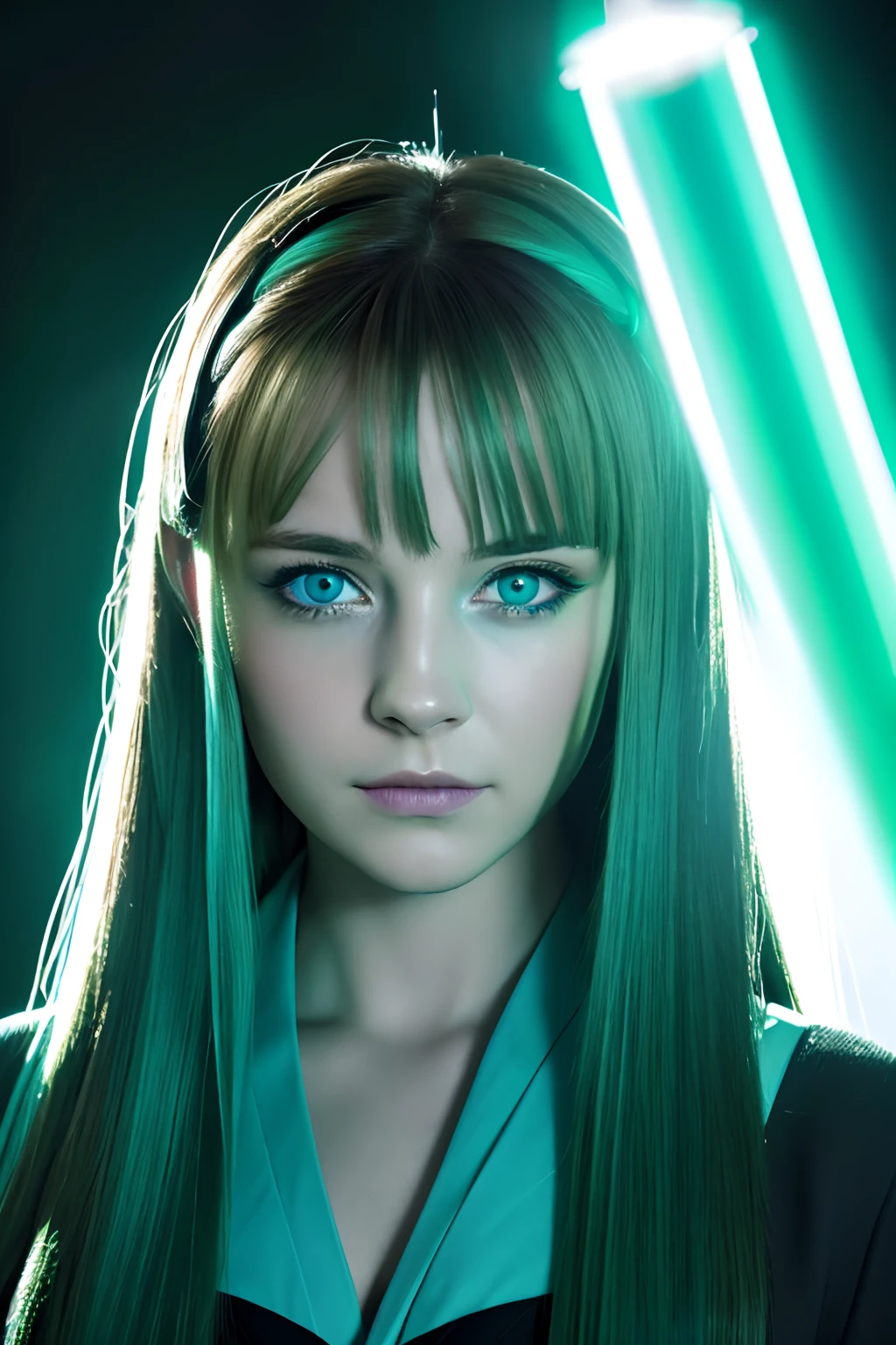Emma Watson face、Hair color is turquoise blue、Blue eyes、Longhaire、Green lightsaber、Black background、fulHD