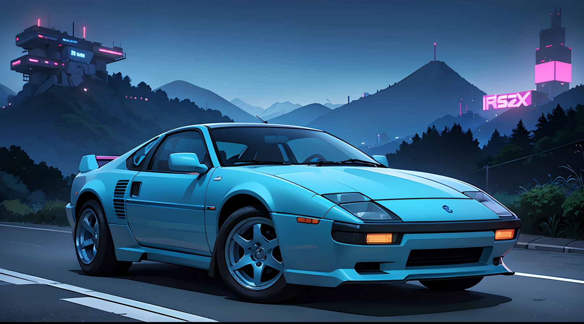 a blue car similar to a Nissan 300ZX but with futuristic, somewhat cyberpunk design elements. The car is parked on the side of a Japanese inspired mountain backroad, and in the far distance a neon lit city can be seen. It is approximately 10:30pm. Retro-futuristic 1990s