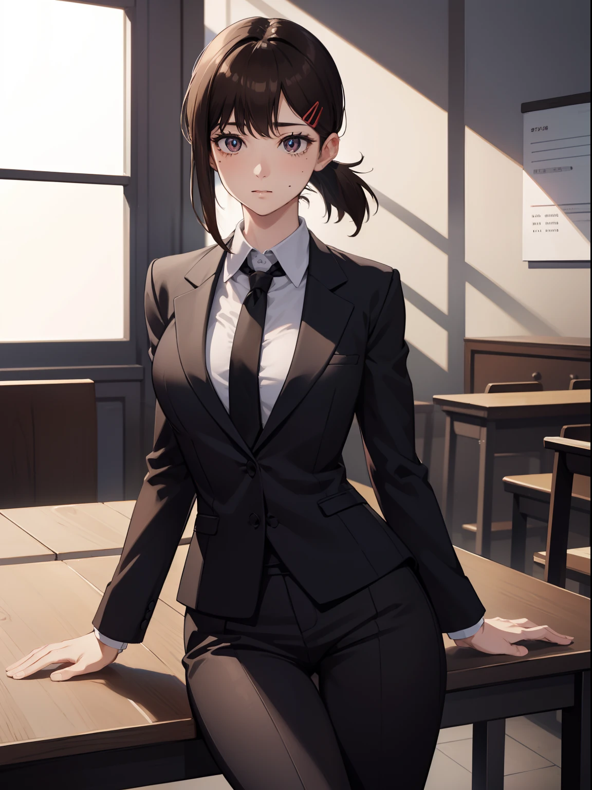 kobenihigashiyama, kobeni higashiyama, black hair, hair ornament, hairclip, mole, mole under eye, ponytail, short hair, (brown eyes:1.5), BREAK black necktie, black pants, business suit, black blazer, formal, long sleeves, necktie, pants, suit, BREAK looking at viewer, BREAK indoors, classroom, sitting on table legs spread, medium breast, medium boobs, shot from ass, ass shot, ass focus, medium ass cowboy shot BREAK (masterpiece:1.2), best quality, high resolution, unity 8k wallpaper, (illustration:0.8), (beautiful detailed eyes:1.6), extremely detailed face, perfect lighting, extremely detailed CG, (perfect hands, perfect anatomy),