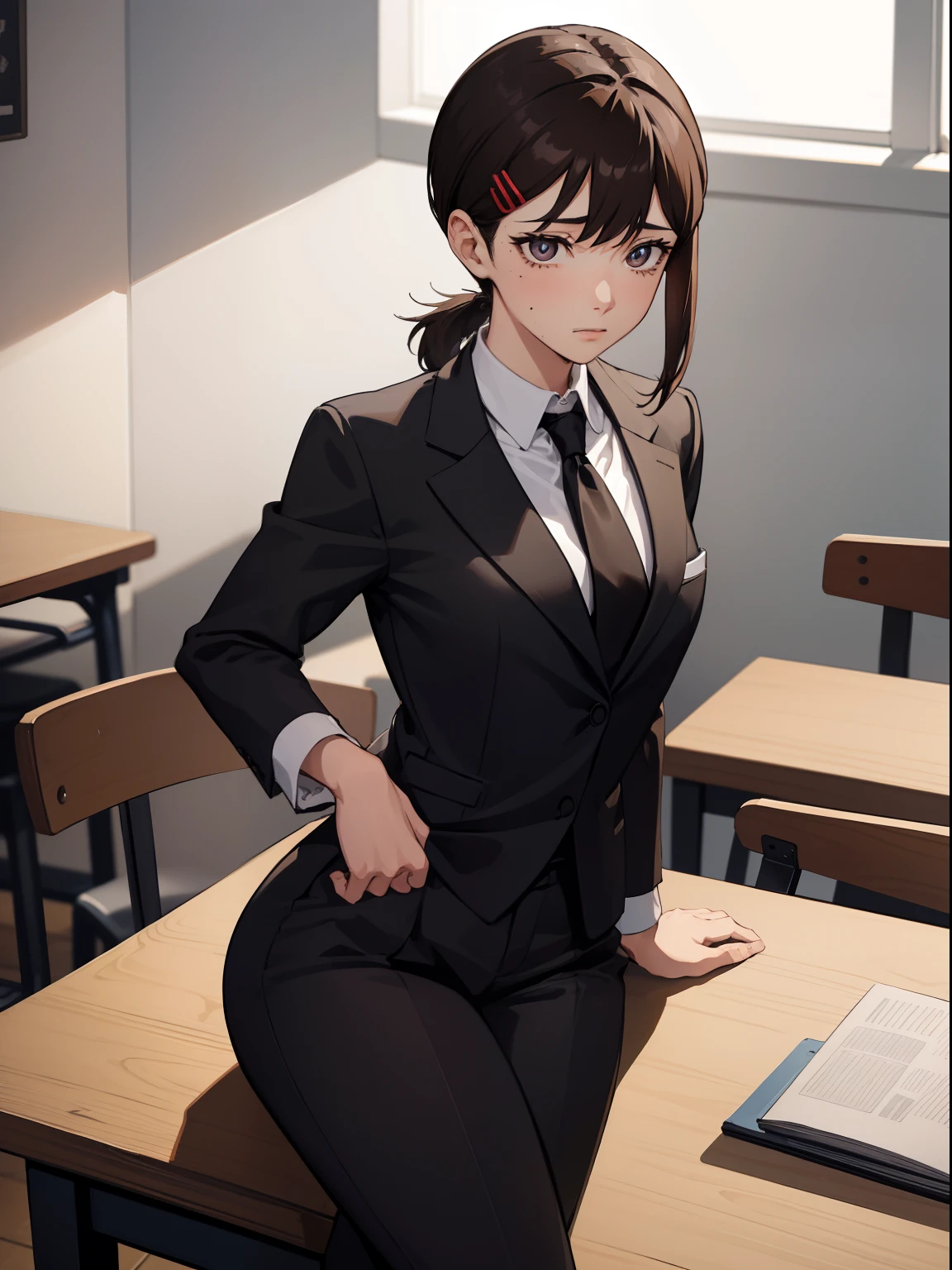 (sfw), (masterpiece:1.2), best quality, masterpiece, highres, original, extremely detailed wallpaper, (ultra-detailed), (best illustration), (best shadow), (realism), small breasts, perky breasts, business suit, holding a knife, crazy look, crazy eyes, yandere, sweating, crying, blushing, blazer, black necktie, white collared shirt, (brown eyes),