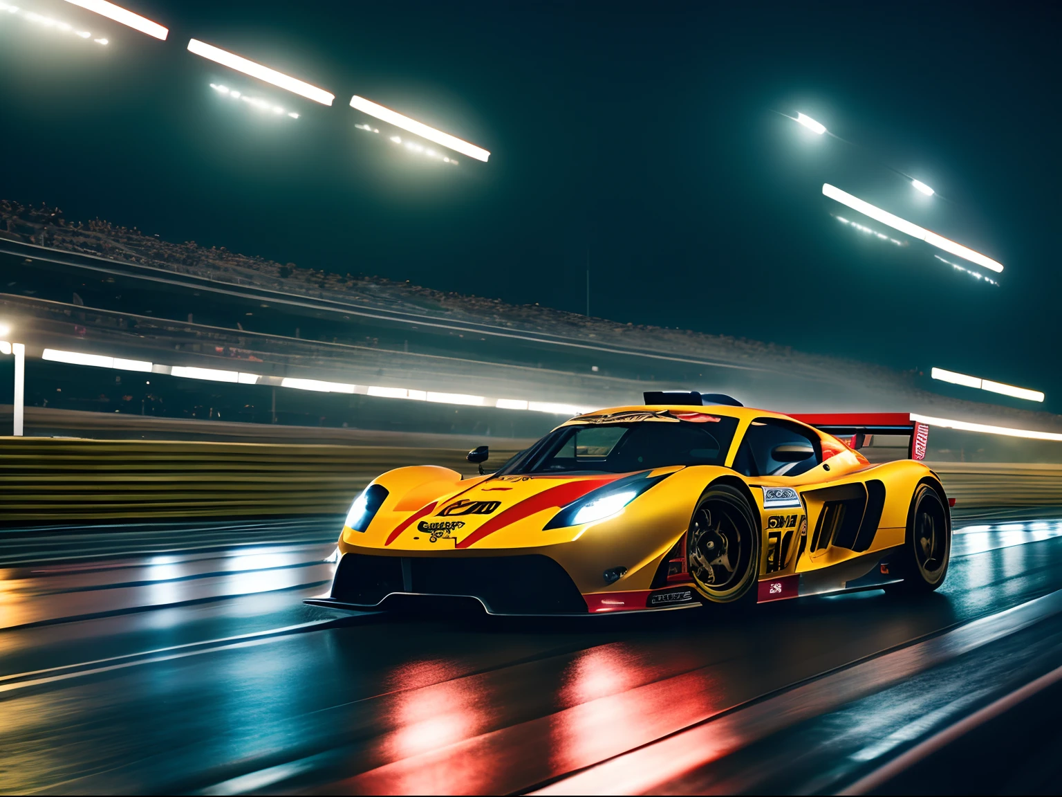 Cinematic shot of a sport car in busy racing speedway, rain, angle, duotone, red, yellow, cinestill 50d, style raw, cinematic lighting