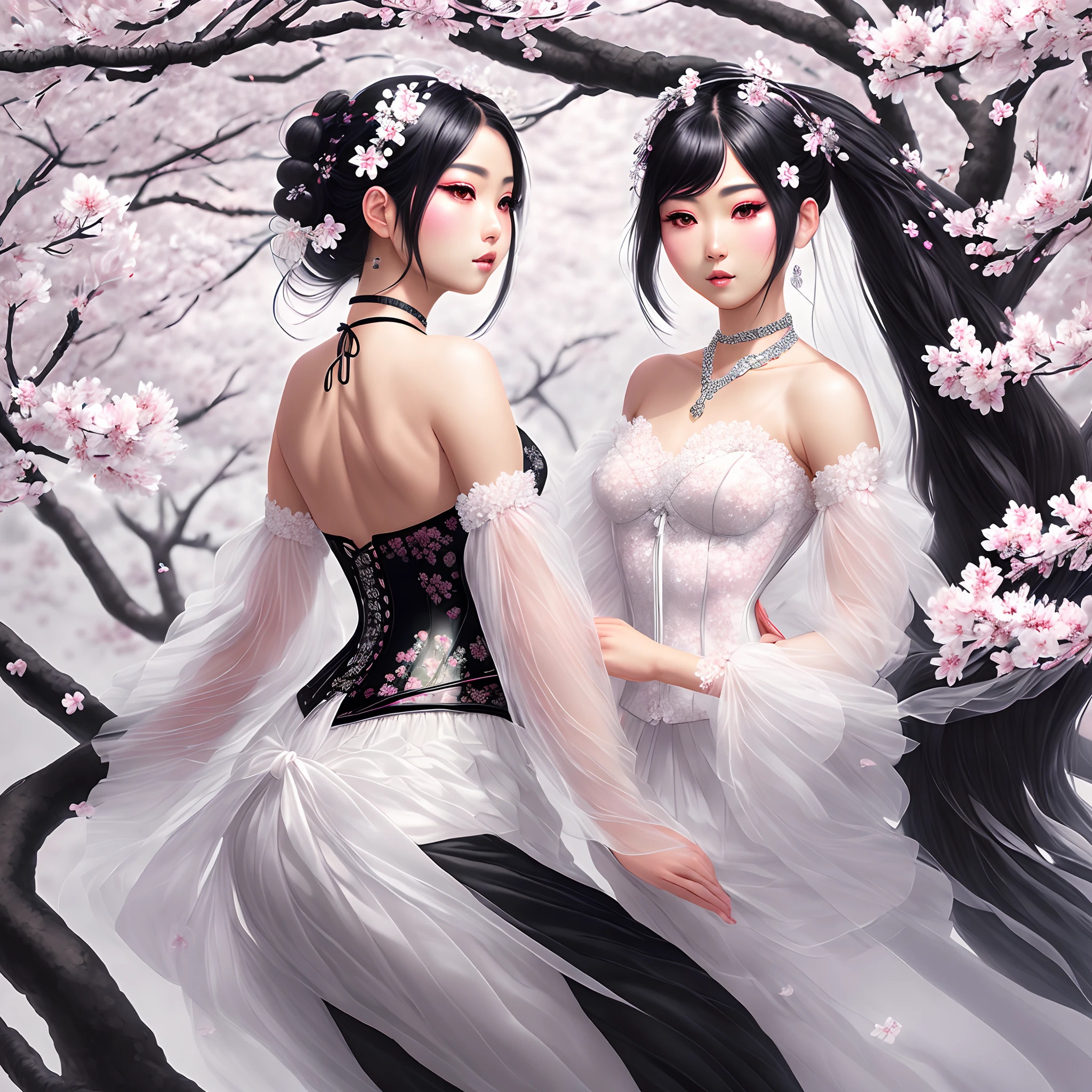Shadowed Sakura Description: In a moonlit Japanese cherry blossom grove, cast in deep shadows, a Gothic oriental girl, dressed entirely in white, stands beneath the enchanting canopy of blooming sakura trees. Her outfit consists of a white corset adorned with delicate lace and silver chains, accentuating her hourglass figure. A layered white tulle skirt, adorned with hand-painted black sakura petals, cascades around her, creating an ethereal silhouette. Her raven-black hair is braided intricately with silver chains, adorned with blooming white paper flowers, and secured with silver hairpins. Her alabaster complexion is enhanced with subtle touches of silver and white makeup, giving her an otherworldly appearance. As the moonlight filters through the sakura petals, she emanates an aura of haunting grace, blending Gothic elements with the delicate beauty of the orient.