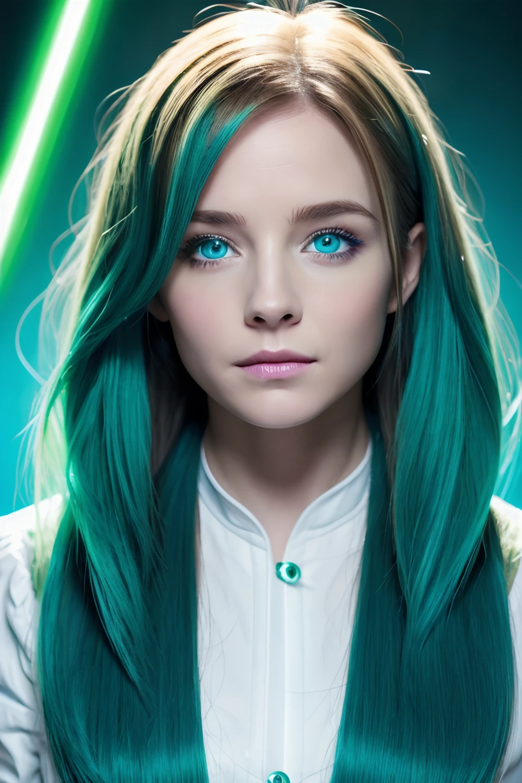 Emma Watson face、Hair color is turquoise blue、Blue eyes、Longhaire、Green lightsaber、Black background、fulHD