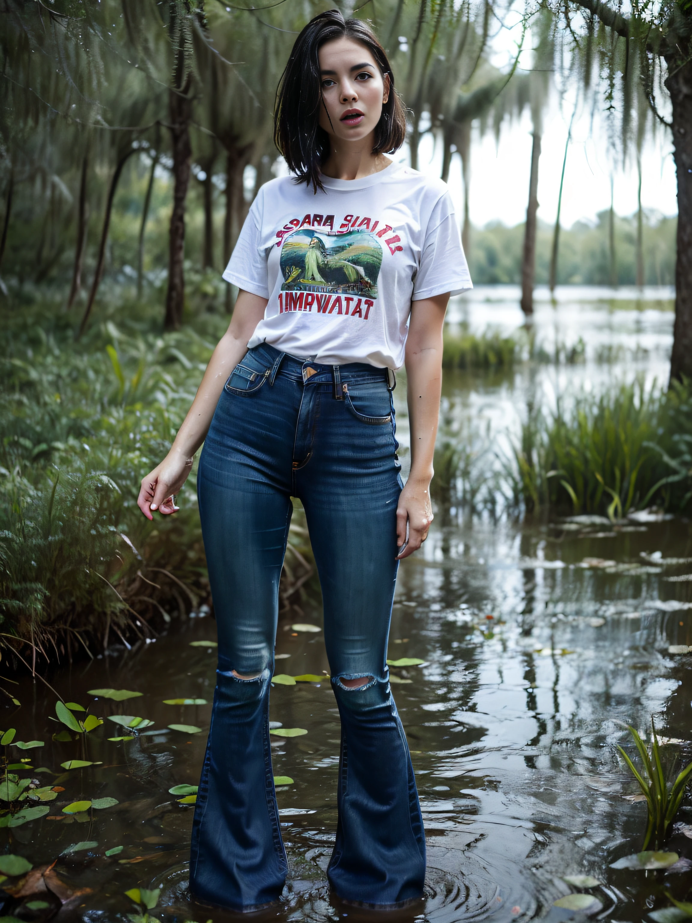 (Best Quality,hight resolution,bokeh:1.2),(Swamp water in the foreground:1.37),The woman,(standingn:1.0),(Drowning in the Swamp of Feet:1.27),(Wide flares on jeans:1.27),(Water-soaked clothing:1.1),Pronounced wrinkles,Bob haircut,Detailed eyes and face,tshirt,expression of despair,reddened face,adrenaline,Imminent Doom,desperation,(gloomy ecstasy:1.0), Posing,