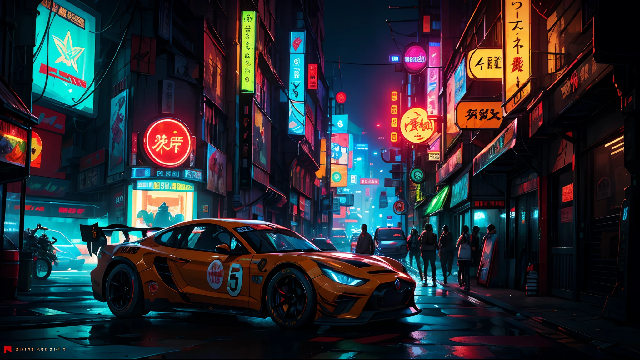 Best quality, masterpiece, ultra high res, Capture the adrenaline-fueled excitement of a sleek, high-performance racing car dripping, red, blue, fires, neon light, dust, full car show, from side, cyberpunk racing car, tokyo cyberpunk night,Detailed,Realistic,4k highly detailed digital art,octane render, bioluminescent, BREAK 8K resolution concept art, realism,by Mappa studios,masterpiece,best quality,official art,illustration,ligne claire,(cool_color),perfect composition,absurdres, fantasy,focused,rule of thirds,