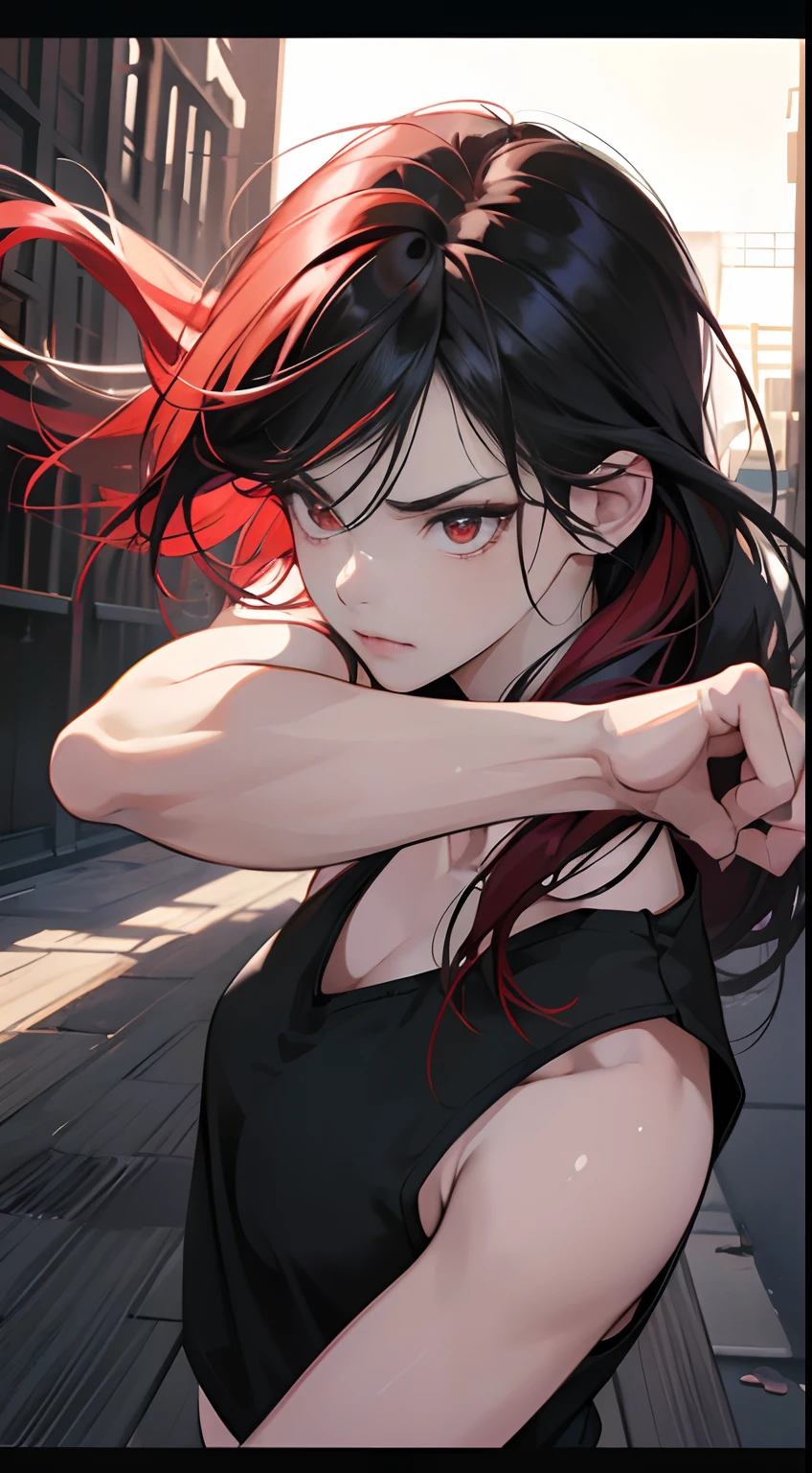 (Best Quality,4K,High resolution), girl with, Red mesh hair on black hair, Long straight hair, sharp eye，glares、Red Eyes、eye liner、Girl in black tank top，Delicately expresses realistic muscle texture down to the smallest detail、comic strip，animesque、boxing、Uppercut Pose，Depiction like a scene from a battle manga、