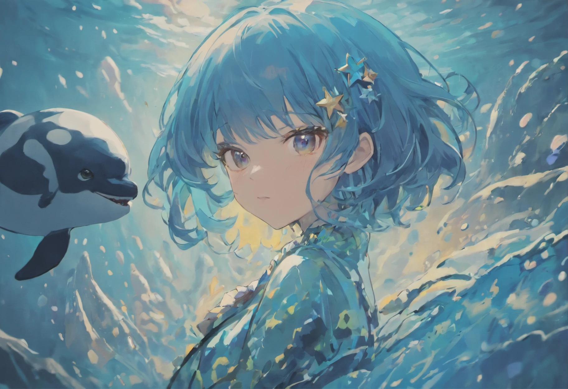 She has short blue hair with a killer whale motif, round eyes, and star accessories.、A petite woman of about 18 years old wearing a jinpei
