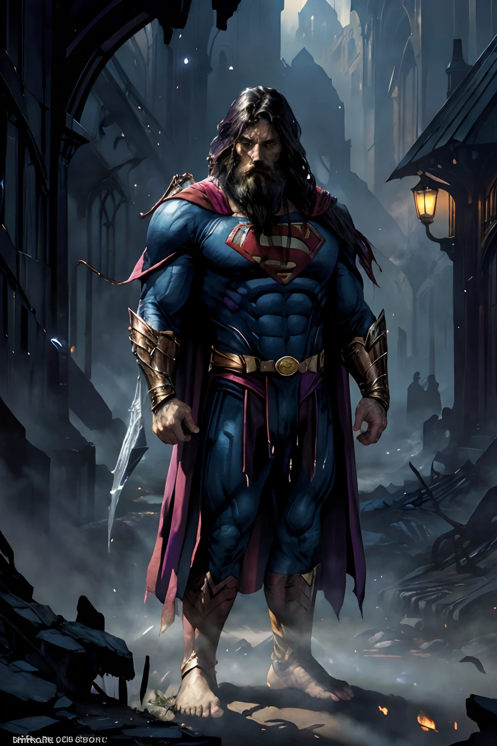 Superman is short, is a hobbit with long beard, ugly clothes, large feet, hairy feet, no shoes, a masterpiece, 8k resolution, dark fantasy concept art, by Greg Rutkowski, dynamic lighting, hyperdetailed, intricately detailed, Splash screen art, trending on Artstation, deep color, Unreal Engine, volumetric lighting, Alphonse Mucha, Jordan Grimmer, purple and yellow complementary colours