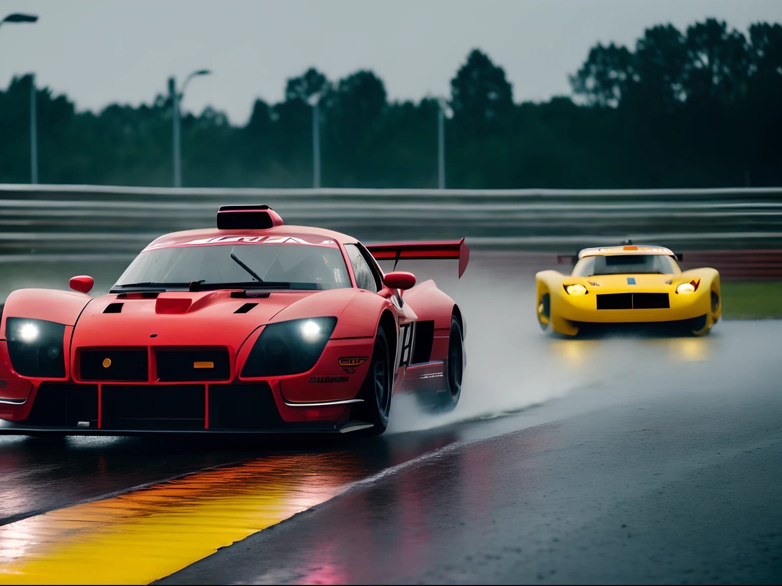 Cinematic shot of a sport car in busy racing speedway, rain, angle, duotone, red, yellow, cinestill 50d, style raw, cinematic lighting