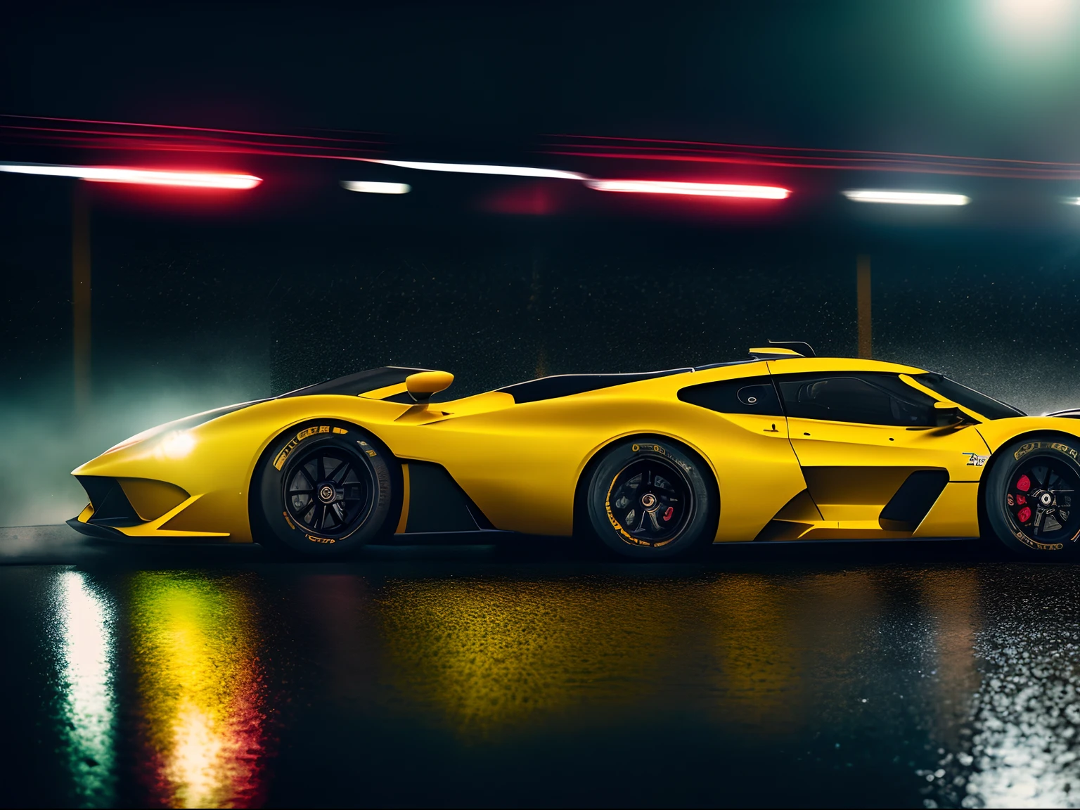 Cinematic shot of a sport car in busy racing speedway, rain, angle, duotone, red, yellow, cinestill 50d, style raw, cinematic lighting