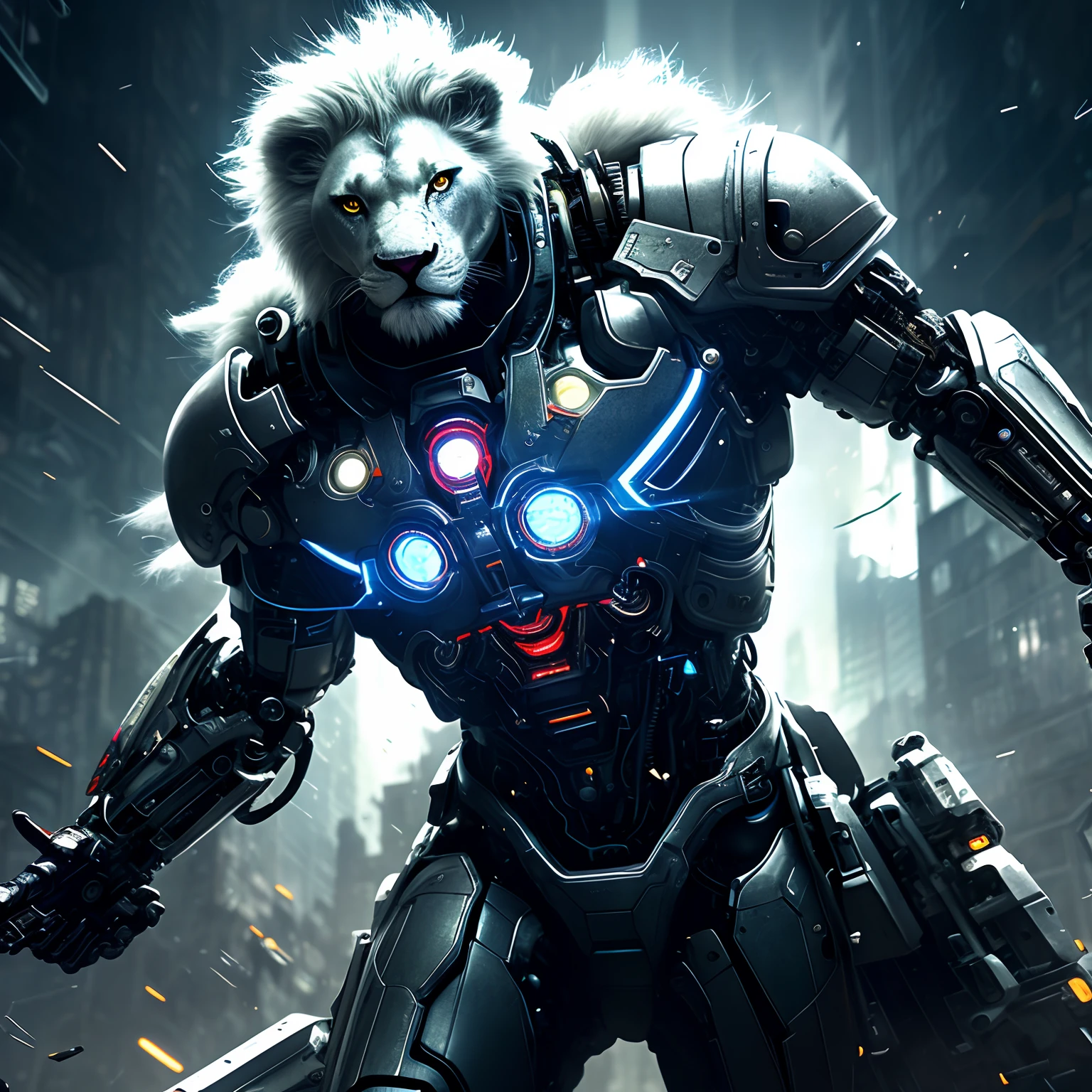 Dark_Fantasy,Cyberpunk, (Best Quality, Masterpiece),White,1Person,Mechanical Miracle,Robotic Presence,Cybernetic Guardian,Wearing a Cybernetic Jacket, Futuristic from Marvel, (Cyborg), (lion),City, Highest Quality Digital Art, Stunning Art, 4k Wallpapers, High Detailed, Warzone, Black & White, Highest Quality Digital Art, Stunning Art, 4k,8k,64k, HD Wallpapers, Unbeatable Masterpiece,  dynamic lighting, cinematic, epic, damaged mechanical parts