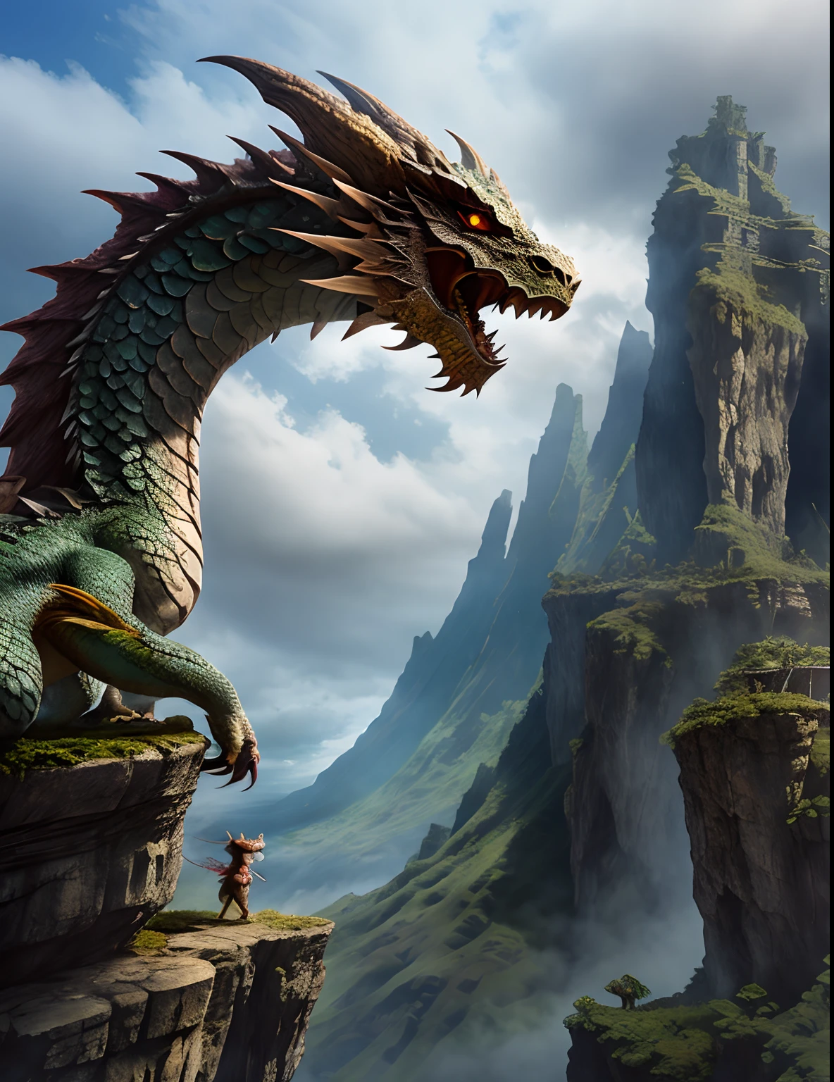 Garotinho bonito em um mundo de fantasia, fechar - foto para cima, Fechadura, Dragon at the beginning of an adventure