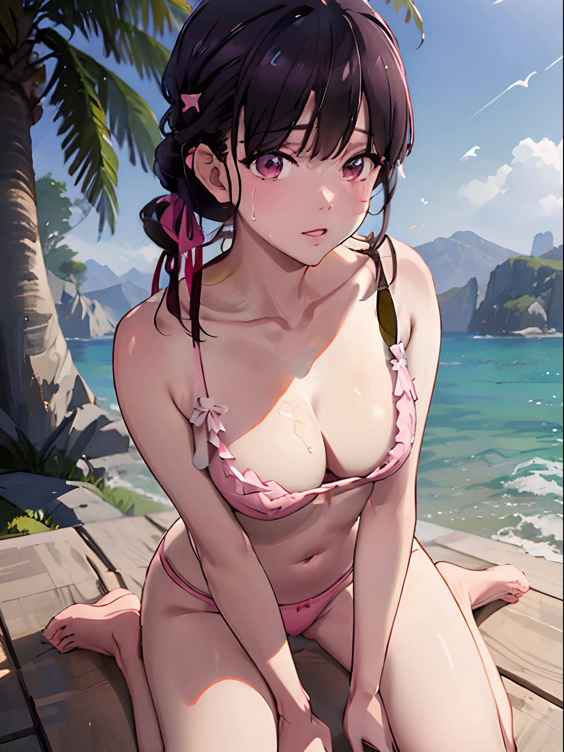 (masterpiece, best quality:1.2), highres, high resolution, MiyoSaimori, 1girl, solo, bra, (pink bra), panties, (pink panties) smile, teeth visible, ((hair tied up)), outdoors, beach, bangs, (medium breast, medium boobs), navel, cleavage , (erect nipple through bra), collar bones, looking at viewer, cinematic lighting, (sitting, kneeling, kneeling down, on knees, leg spread), sitting on sand,((lotion on body, body lotion, sun screen, shinny body)), beach, sea shore boob focus, perfect fingers, perfect anatomy, beautiful face, alluring face, extra detailed face, award winning quality, blur background, ((masterpiece)), high quality, (top angle shot), above shot, shot from above, shot from top, dark lighting