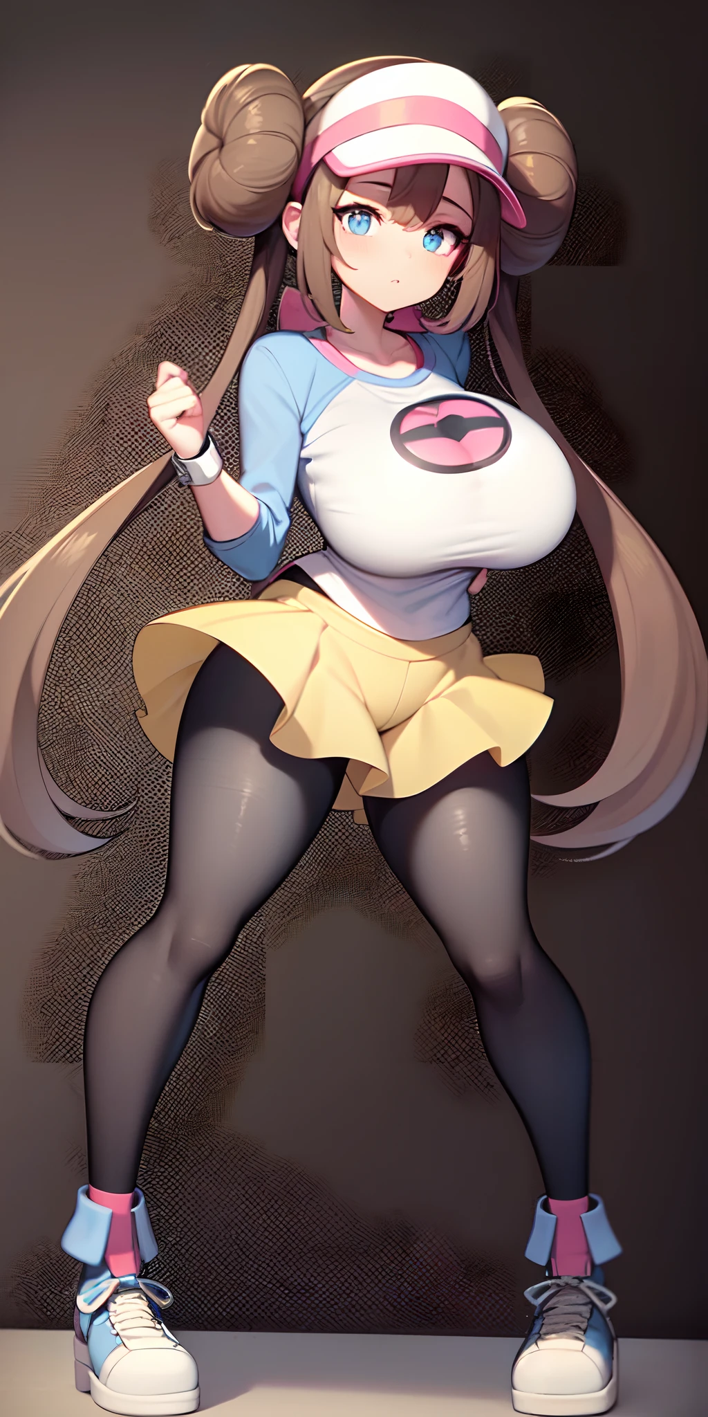 ro1, hair bun, blue eyes, twintails, visor cap, (pantyhose:1.2), raglan sleeves, yellow shorts, shirt, pink bow, wristwatch, (foot focus), full body view, (masterpiece, best quality, 8k,4k, high res:1.4), 1girl, (busty, massive breasts),vivid colors, stocking fetish, perfect legs, smug face, punk girl, perfect pantyhose, perfect makeup, tight clothing, looking at viewer, extremely long hair, blushing, overhead view, dynamic angle, (mature female, milf)