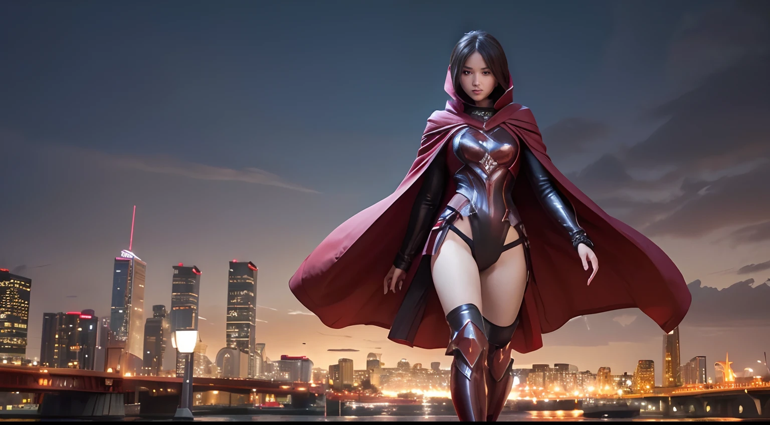 超A high resolution、An ultra-high picture quality、8K、Detailed details、marvelous expression、Ninja Woman、Wearing red metallic armor、Slender female body type、Brown short bob、Black cloak、battle posture、Big city landscape at night、
