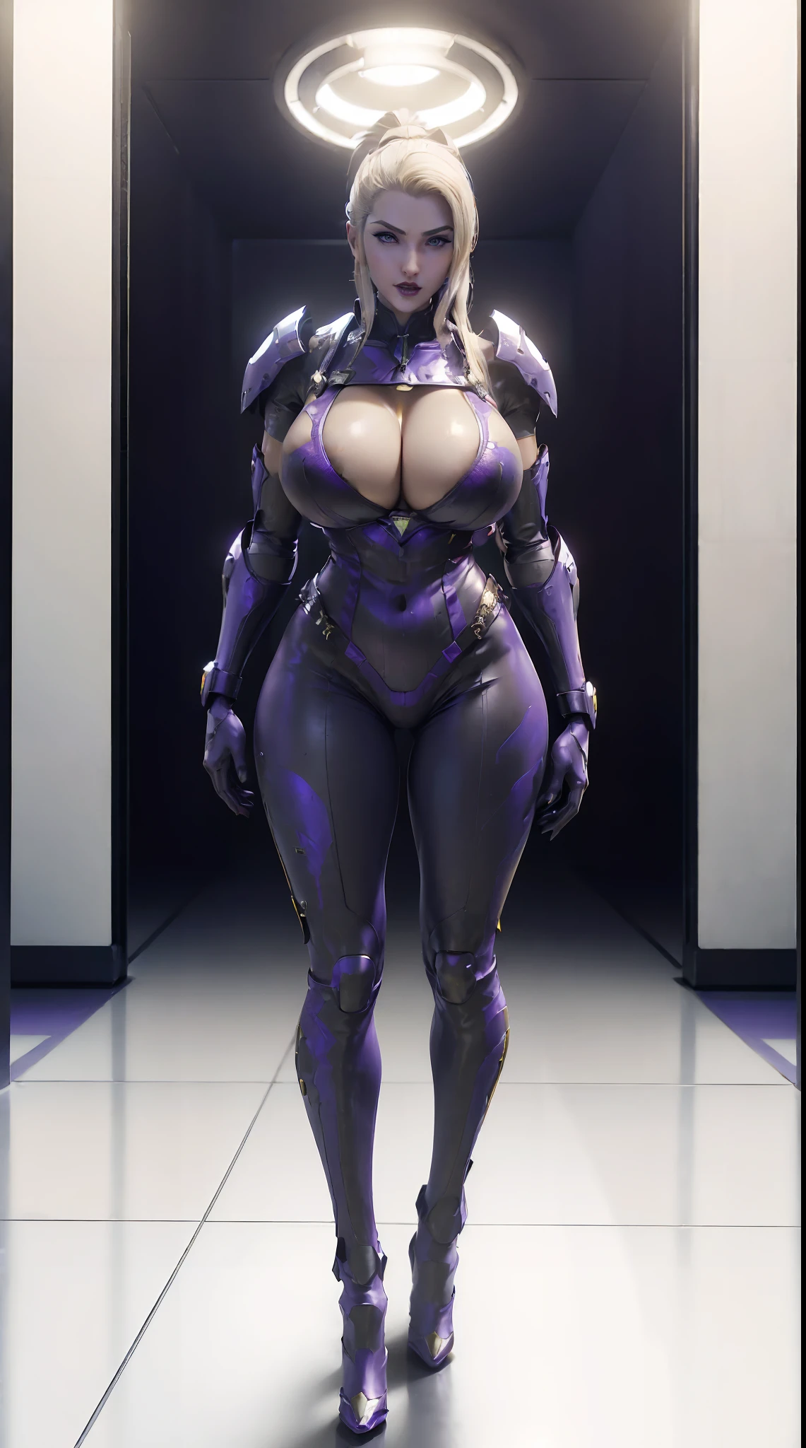 (1GIRL,SOLO:2), (super detailed face), ((blonde long hair)), ((BIG BUTTOCKS, HUGE FAKE BREASTS:1.5)), (CLEAVAGE TOP:1.5), (11 LINE ABS FEMALE:1.4), (MECHA GUARD ARM:1.4), ((WEAR PURPLE WHITE MECHA OVERWATCH ARMOR SUIT, BLACK MECHA SKINTIGHT SUIT PANTS, MECHA GUARD ARMOR LEGS, HIGH HEELS:1.5)), (LEWD VOLUPTUOUS BODY:1.3), (GLOWING SKIN:0.8), (LONG LEGS, FULL BODY:1.1), (LOOKING AT VIEWER:1.3), (female focus:0.886), (WALKING DOWN HALLWAY OF FUTURISTIC SPACE STATION:1), (BRIGHT LIGHT WHITEROOM:1.3), SUPER TEXTURE, UNREAL ENGINE RENDER, PHYSICALLY-BASED RENDERING, ULTRA HIGHT DEFINITION, 16K, 1080P.