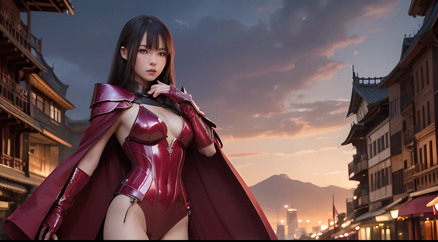 超A high resolution、An ultra-high picture quality、8K、Detailed details、marvelous expression、Ninja Woman、Wearing red metallic armor、Slender female body type、Brown short bob、Black cloak、battle posture、Big city landscape at night、