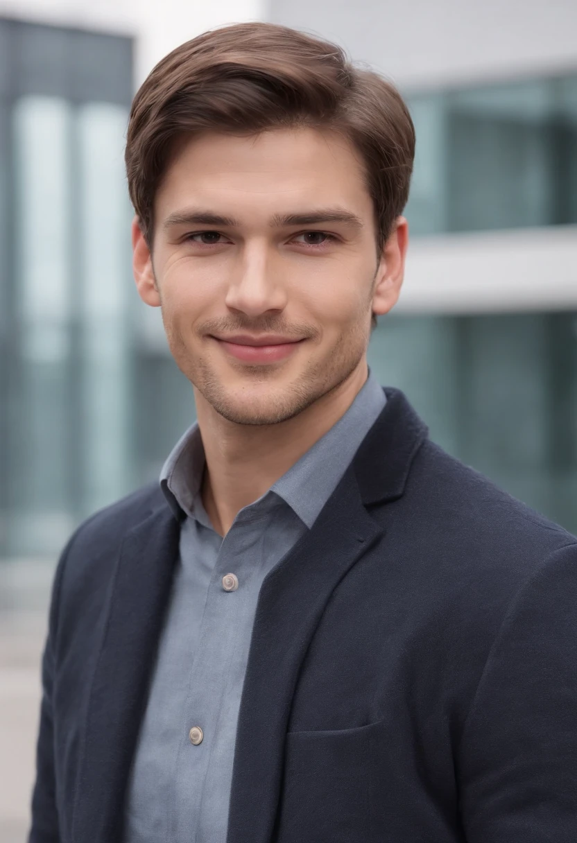 Young Western European German consultant with dark brown hair and a youthful appearance standing in front of a modern office background.  He wears modern yet professional clothing, not a suit but a casual shirt.  He is holding some documents in his hand and smiling at the camera.  He's similar in type to the young Ashton Kutcher or Josh Hartnett.  He has no beard and is around 30 years old.