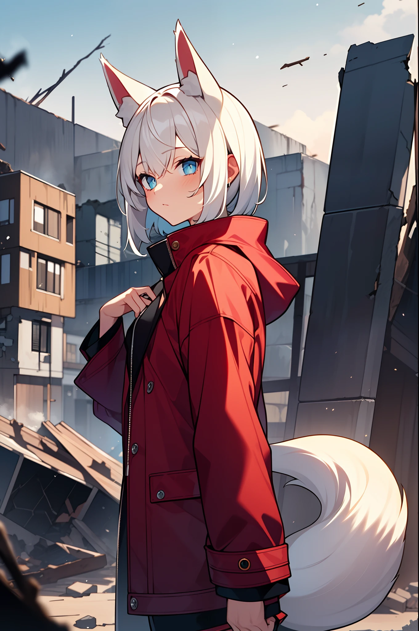 (best quality,highres,masterpiece:1.2), solo, fox girl, fox ears, (one fox tail:1.4), (cowboy shot:1.1), white hair, short hair, white tail, blue eyes, (red coat), long coat, bored, standing in front of a destroyed building, overcast weather, (front view:0.9)