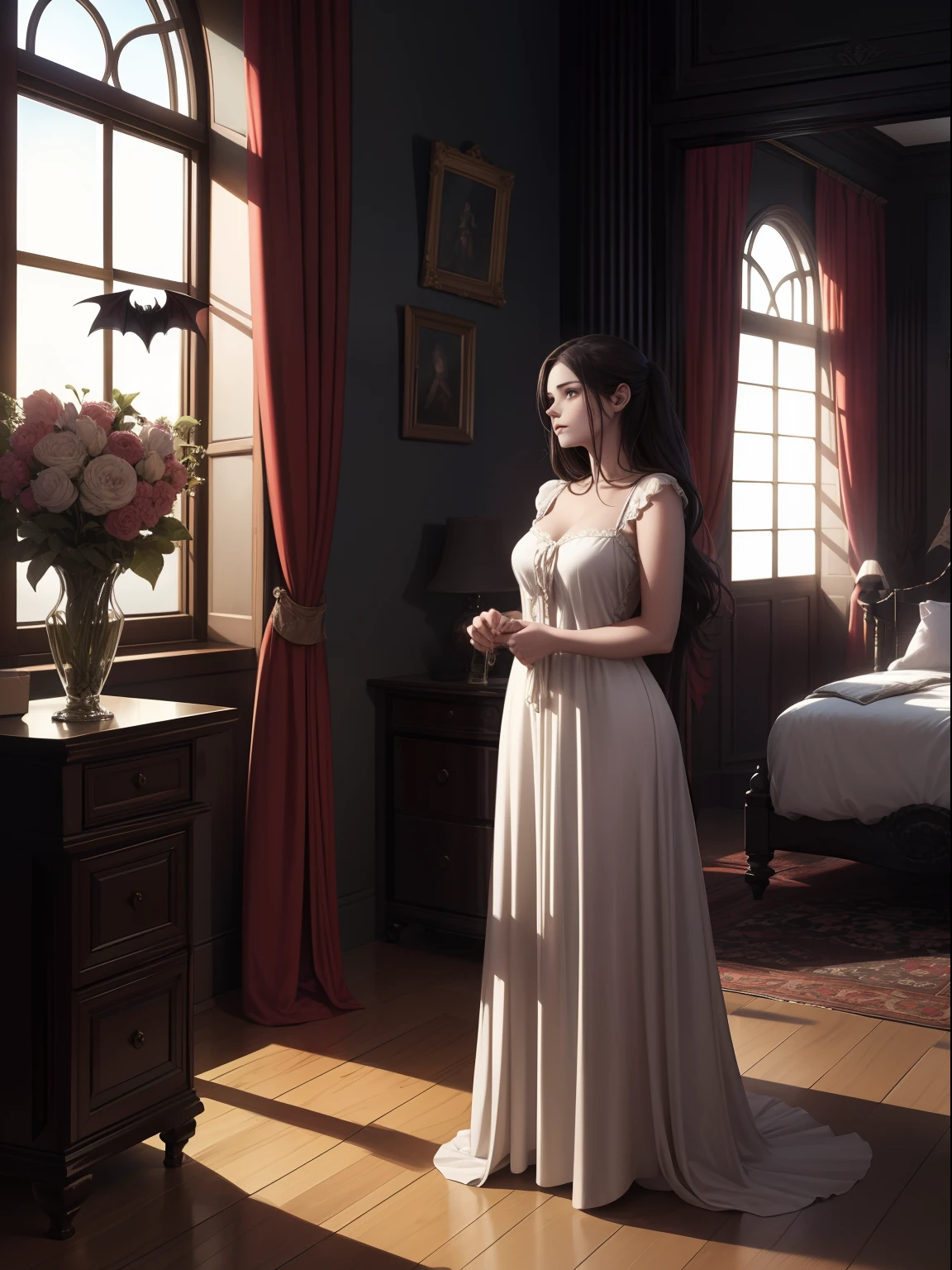 Illustration of a gothic horror scene in Victorian style, A young lady in a nightgown does her hair, in the background a bat flies through the open window into the room.