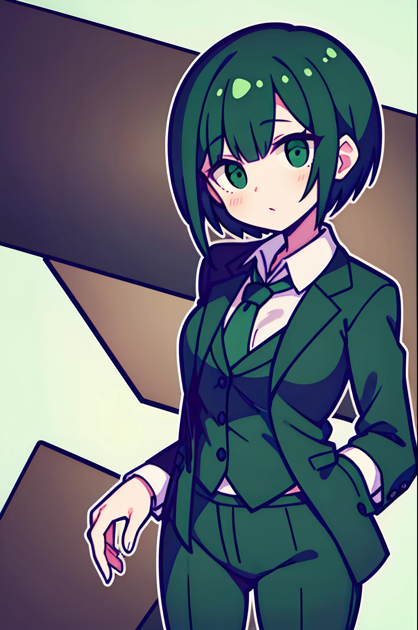 Green and black hair,Girl with short hair and suit