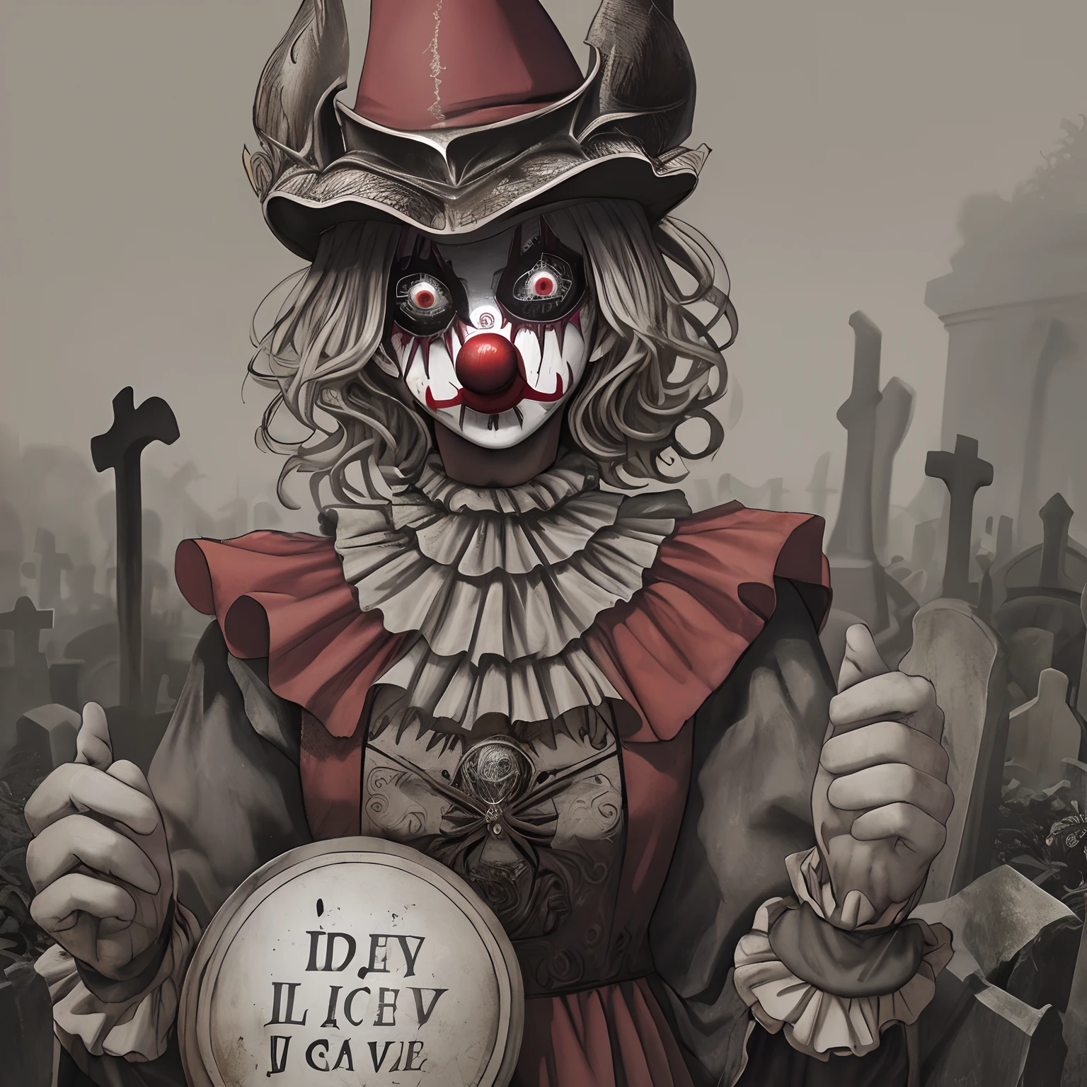 Melhor qualidade, Medieval clown, detalhe em metal, mascarado, foice, Background cemetery