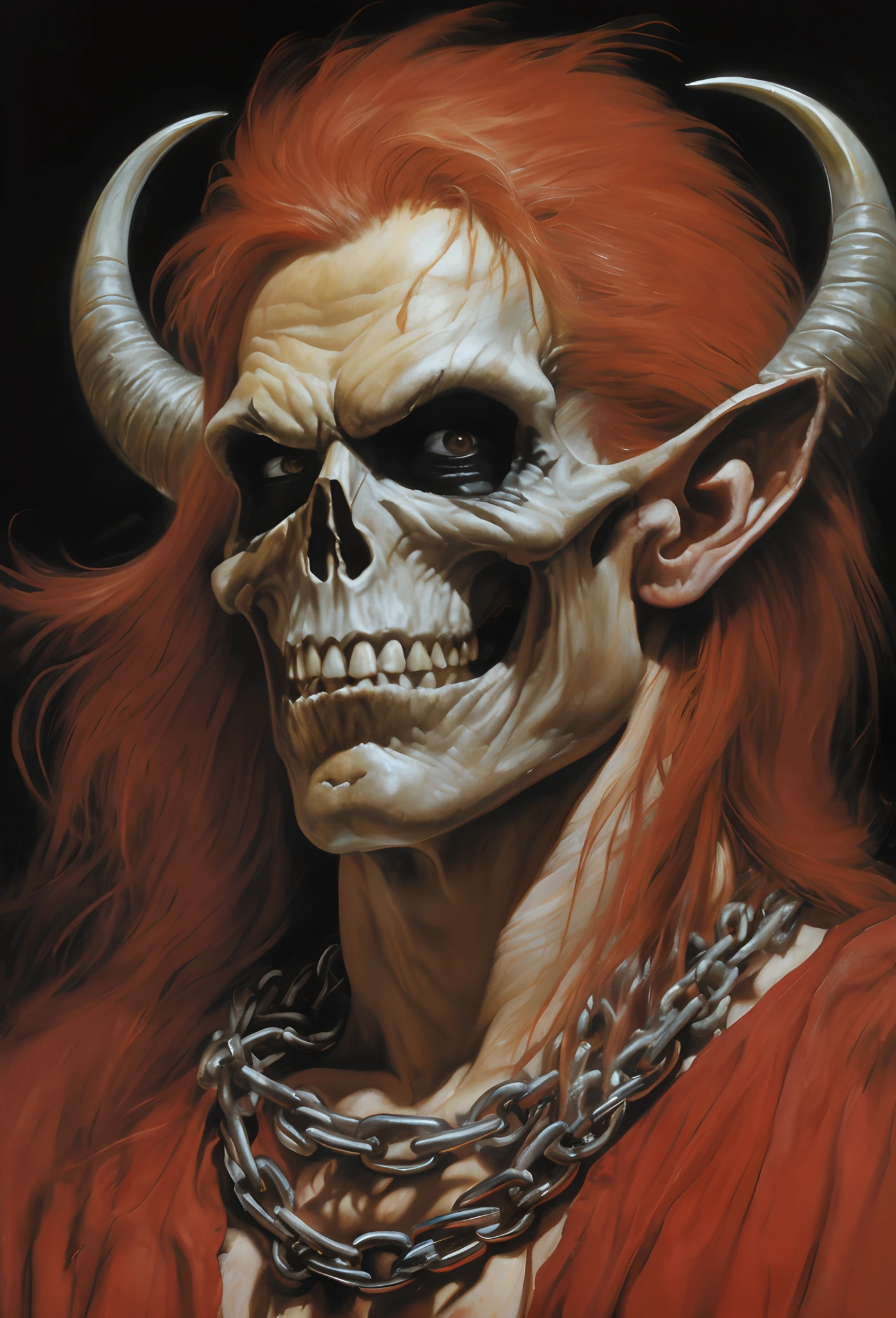 Painting of a skull with horns and a chain around its neck, inspirado por Alex Horley, Boris Villejo, Directed by: Jason Edmiston, inspirado em Jason Edmiston, inspirado em Jeff Easley, pintura do retrato do esqueleto, inspirado por Earl Norem, inspirado em Alex Horley-Orlandelli, Mark Brooks detalhou, Portrait of a demon