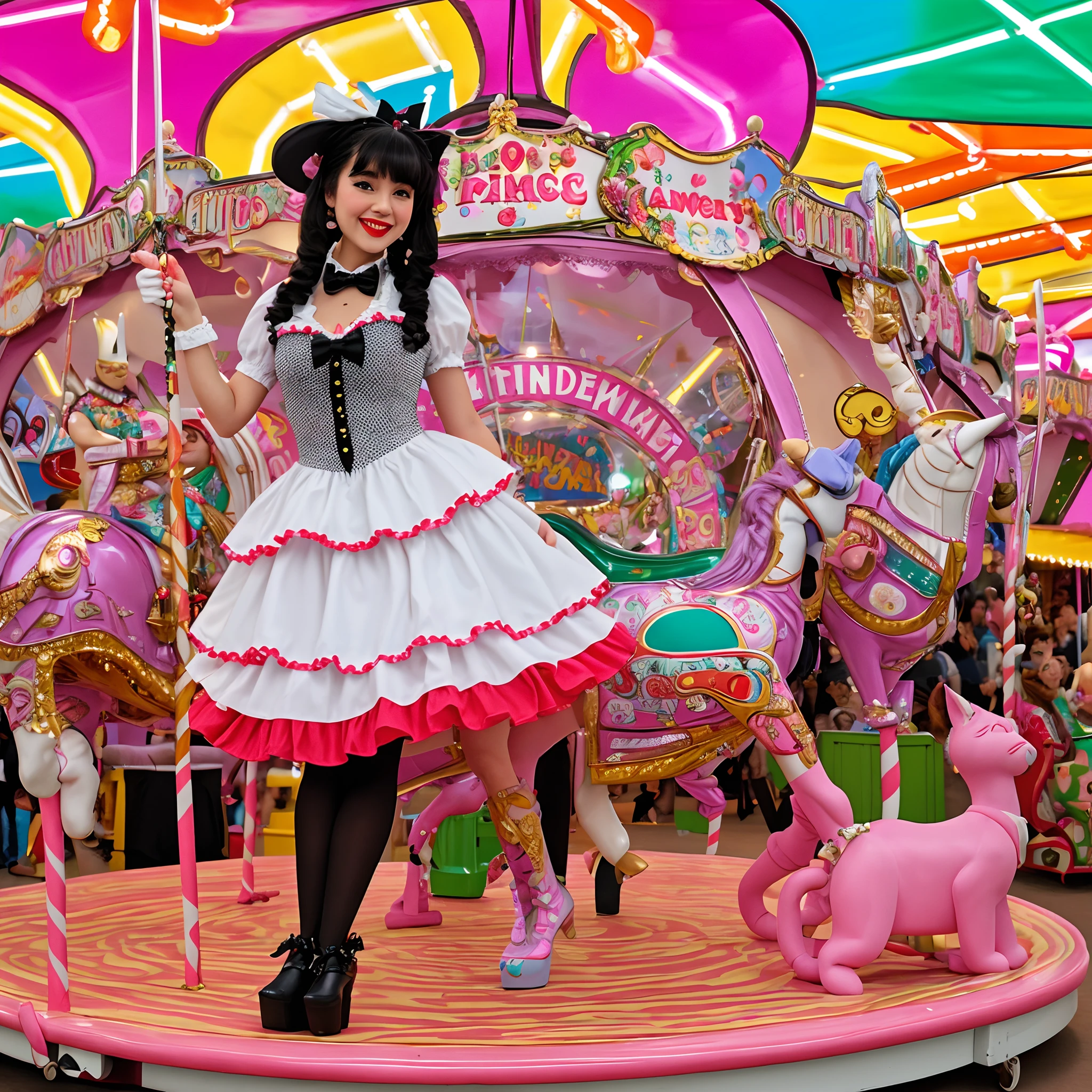 Wicked Wonderland Description: In a whimsical Gothic fairground, adorned with twisted carousel horses and eerie funhouse mirrors, a Gothic oriental girl, clad in a vibrant and playful ensemble, dances amidst the festivities. Her ensemble showcases a colorful ta-style dress, featuring layers of ruffled pastel fabrics, adorned with playful patterns of bats, cats, and mischievous Cheshire cats. A white bonnet, adorned with bows and lace, rests atop her raven-black hair, while white stockings and platform boots complete her outfit. Her porcelain complexion is enhanced with rosy cheeks and bright red lips, exuding a youthful and mischievous charm. As she twirls amidst the fairground lights, the juxtaposition of Gothic elements and oriental influences creates a wickedly enchanting atmosphere.