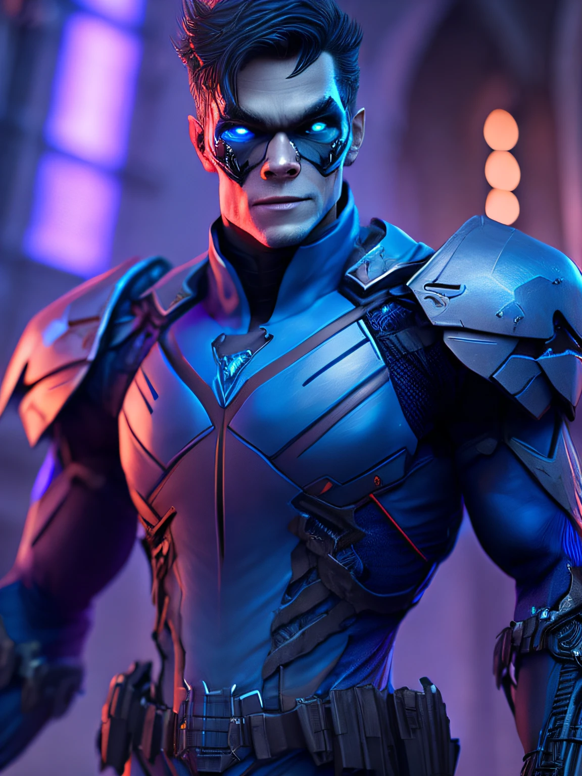 Portrait, Zombie Nightwing from DC, biomechanical, complex robot, full growth, hyper-realistic, insane small details, extremely clean lines, cyberpunk aesthetic, masterpiece unveiled at Zbrush Central, gothic brutalist cathedral, cyberpunk, award-winning photo, bokeh, neon lights, cybernetic limb
