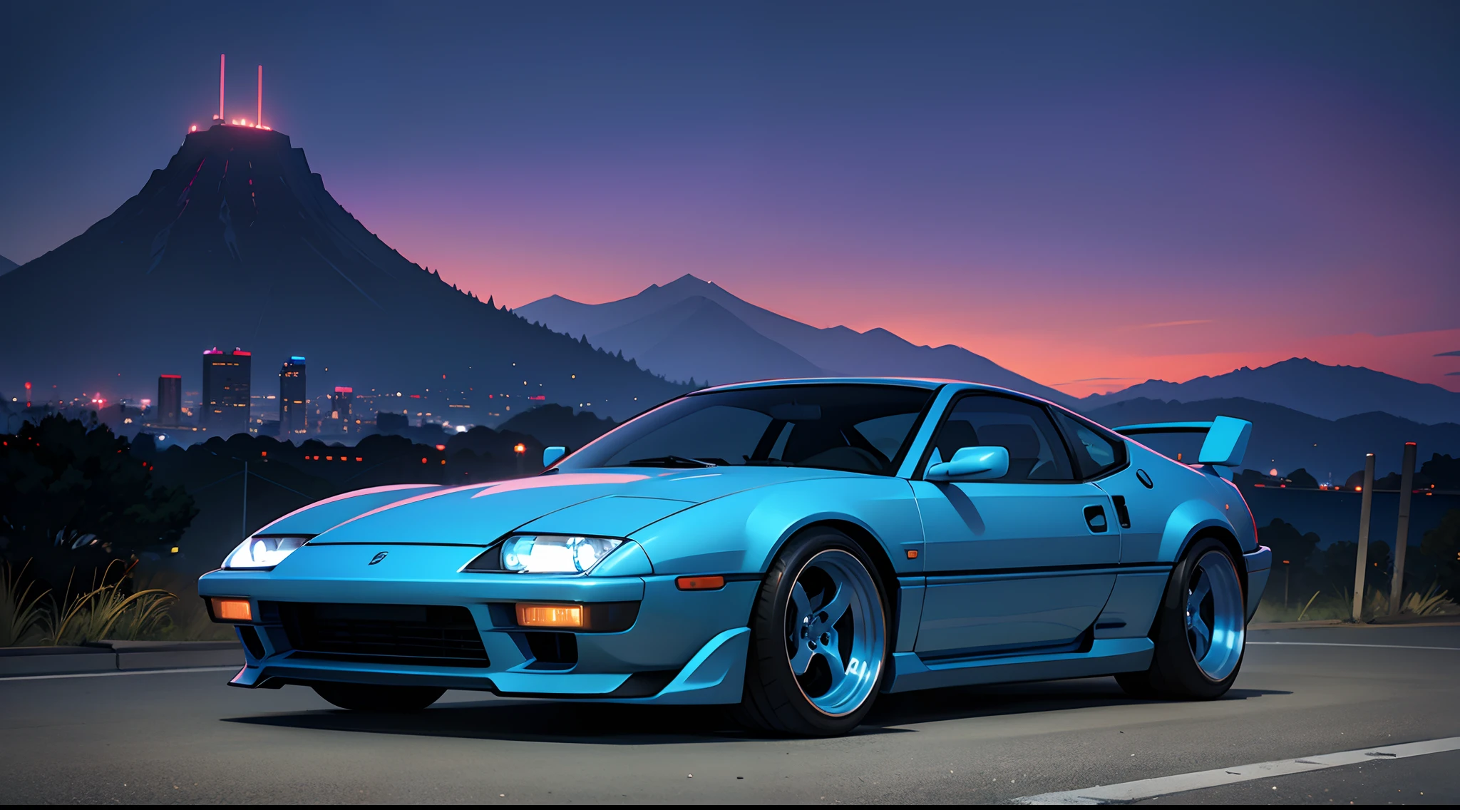 a blue car similar to a Nissan 300ZX but with futuristic, somewhat cyberpunk design elements. The car is heavily modified and sits low to the ground. The car is parked on the side of a Japanese inspired mountain backroad, and in the far distance a neon lit city can be seen. It is approximately 10:30pm. Retro-futuristic 1990s