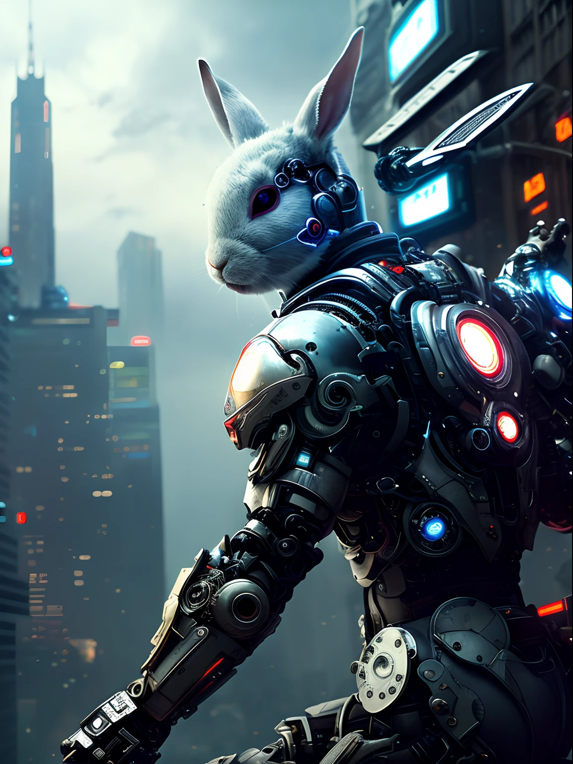 Dark_Fantasy,Cyberpunk, (Best Quality, Masterpiece),White,1Person,Mechanical Miracle,Robotic Rabbit Presence,Cybernetic Guardian,Wearing a Cybernetic Jacket, Futuristic from Marvel, (Cyborg), Rabbit, City, Highest Quality Digital Art, Stunning Art, 4k Wallpapers, High Detailed, Warzone, Black & White, Highest Quality Digital Art, Stunning Art, 4k,8k,64k, HD Wallpapers, Unbeatable Masterpiece, dynamic lighting, cinematic, epic, damaged mechanical parts