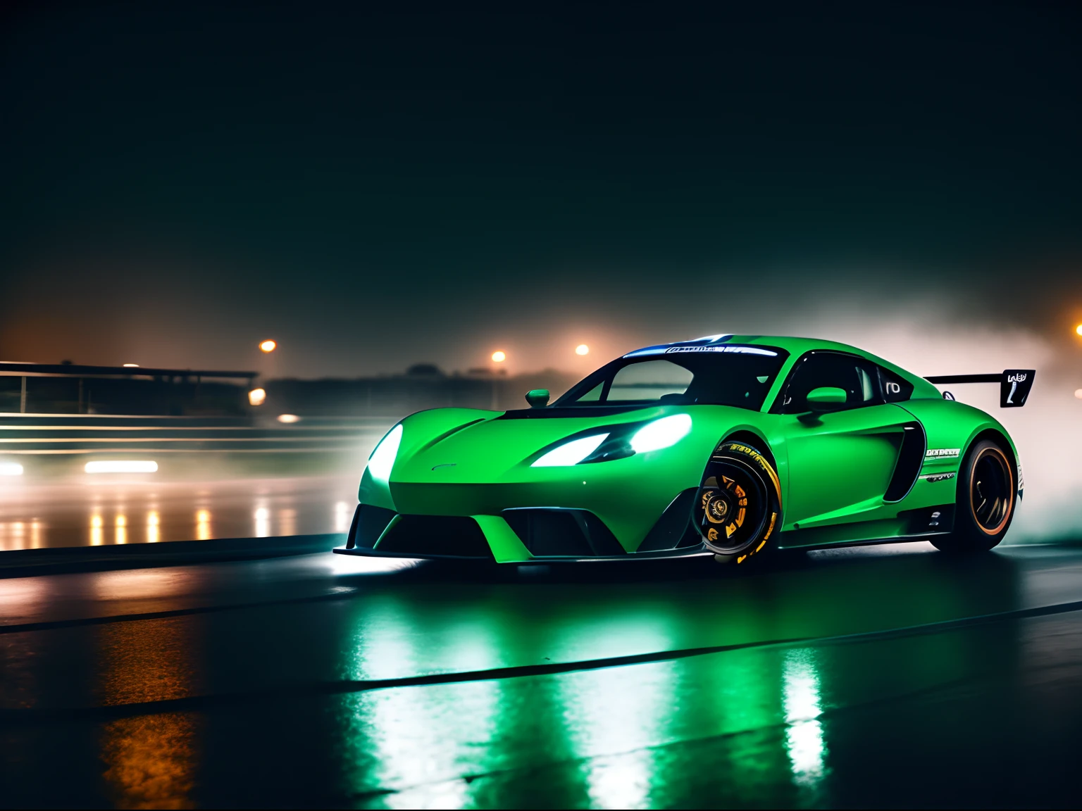 Cinematic shot of a sport car in busy racing speedway, rain, angle, duotone, blue, green, cinestill 50d, style raw, cinematic lighting