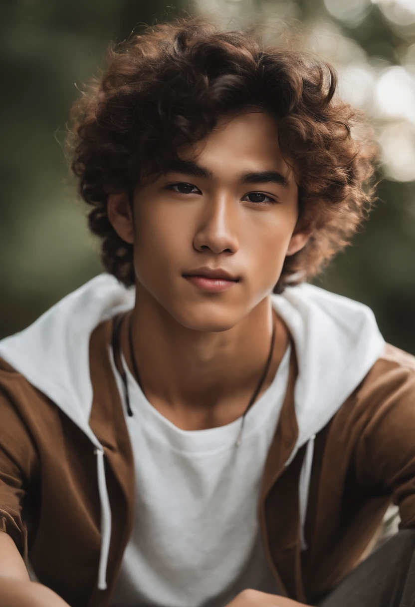 Tan Teenage boy, Asian, Long curly hair, brown eyes, black sweat pants, white t shirt, bracelets, white shoes, freckles, slim physique