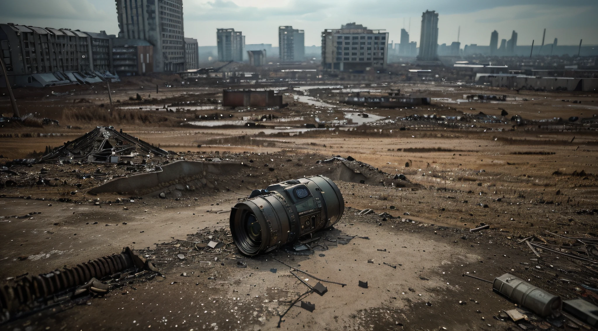 (Best quality,4K,8K,A high resolution,Masterpiece:1.2),Ultra-detailed,(Realistic,Photorealistic,photo-realistic:1.37) Look down at the ruined ground, Close-up ground, First body vision, 50mm lens, apocalyptic environment, illusory engine. retro film still, bleak apocalyptic environment, destroyed city in background, destroyed city