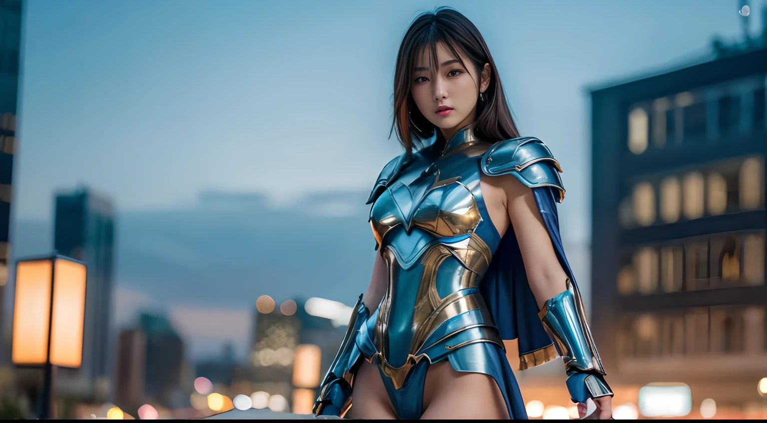 超A high resolution、An ultra-high picture quality、8K、Detailed details、marvelous expression、Woman with metal body、Beautuful Women、Wearing blue metal armor、Slender female body type、Brown short bob、White cloak、battle posture、Big city landscape at night、