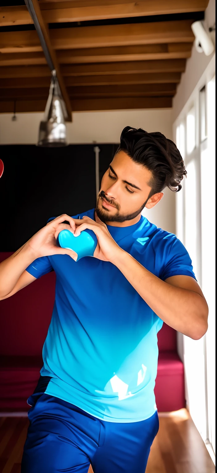 there is a man that is standing in a room with a frisbee, man with a blue heart, attractive man, a photo of a man, artistic interpretation, loveable guy, beautiful man, handsome man, photo of a man, heart effects, picture, mystical feeling, candid picture, profile image, by Julia Pishtar, portrait mode photo, man