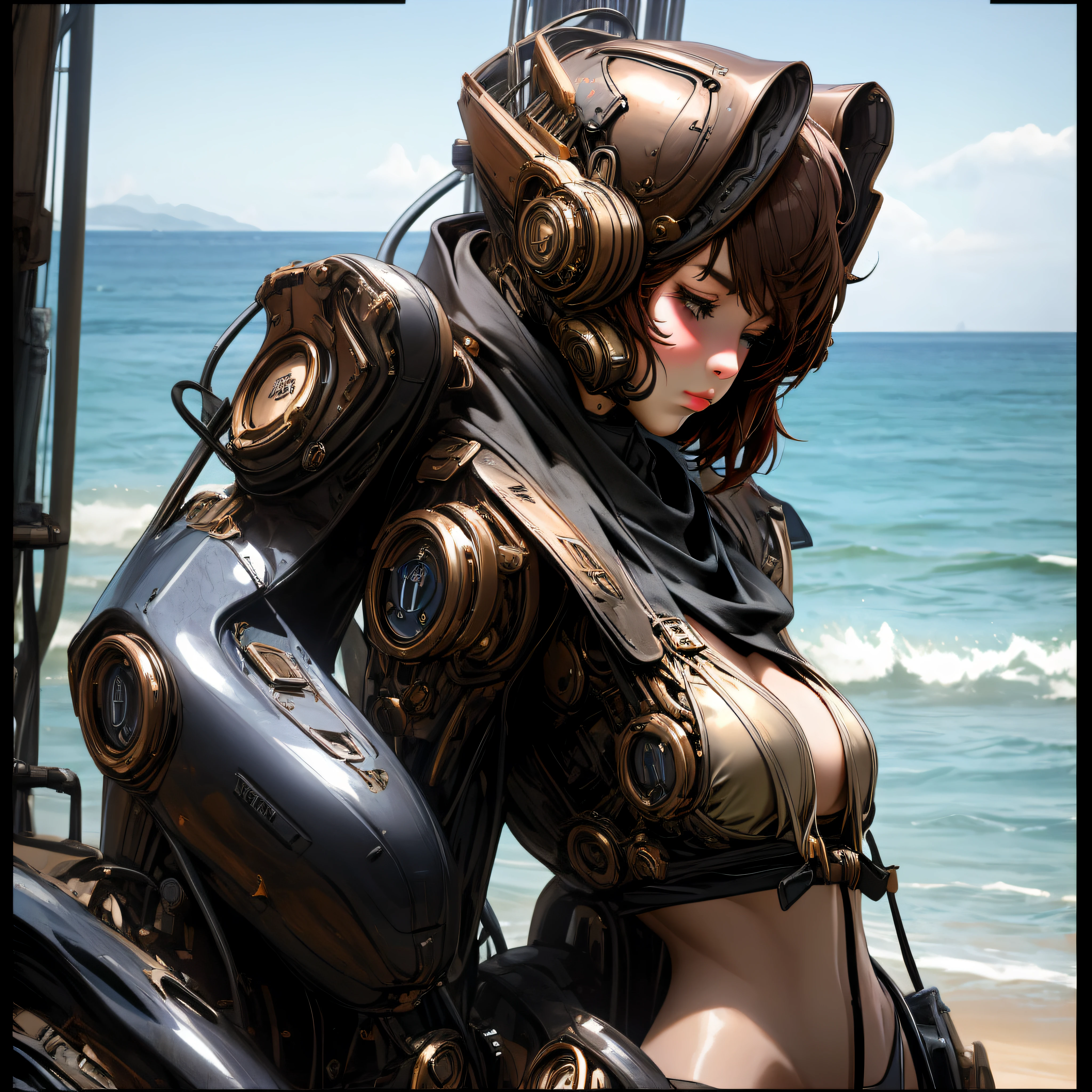 feminine sexy robot, steampunk, full silhouette latex bikini realistic face, large breasts, slim body against the background of the sea beach metal outfit