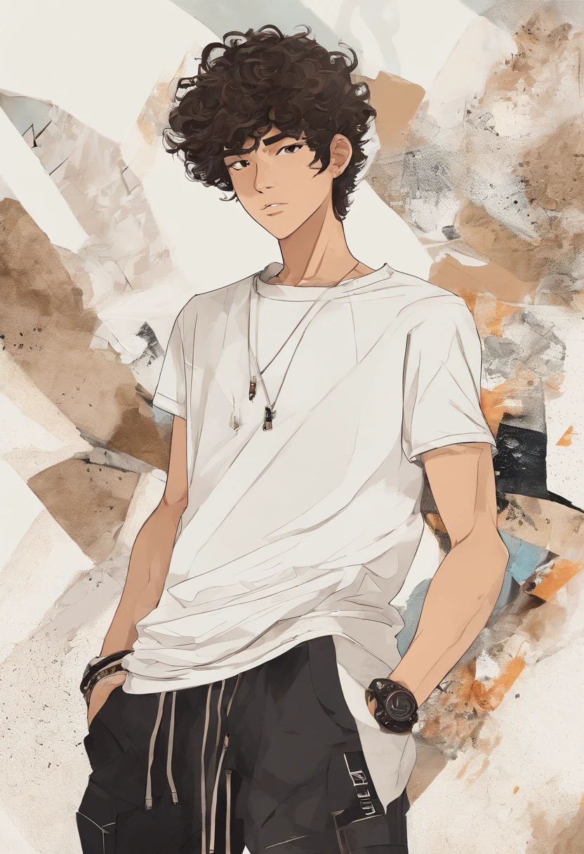 Tan Teenage boy, Asian, Long curly hair, brown eyes, black sweat pants, white t shirt, bracelets, white shoes, freckles, slim physique, animated style
